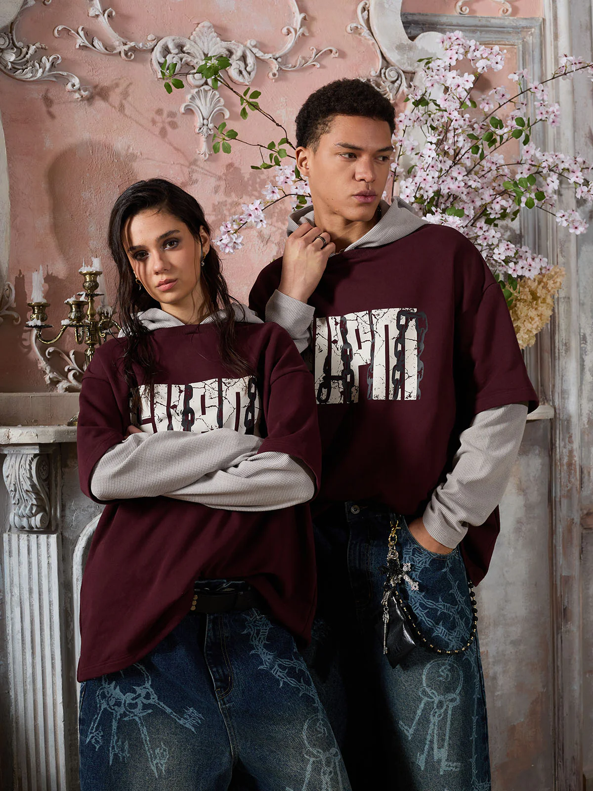 Original Print Faux Two-Piece Hooded Long-Sleeve T-Shirt - Image 3