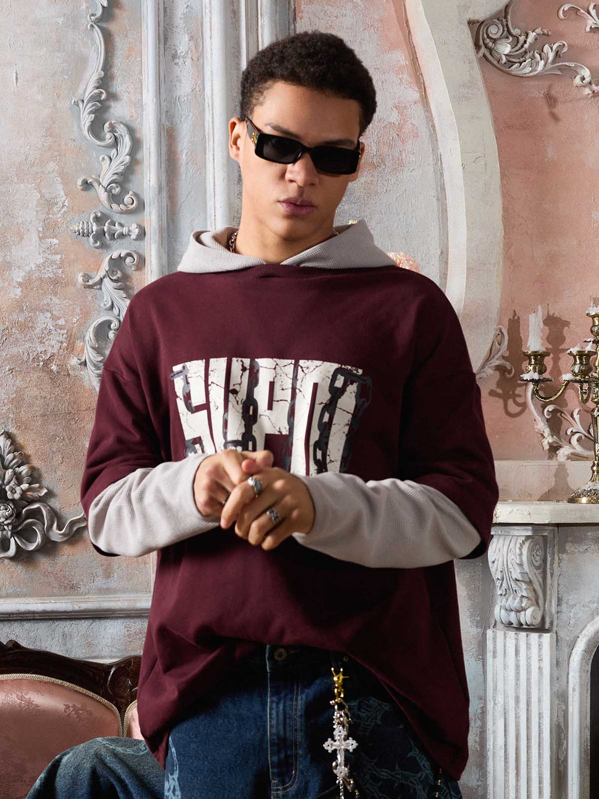 Original Print Faux Two-Piece Hooded Long-Sleeve T-Shirt - Image 4