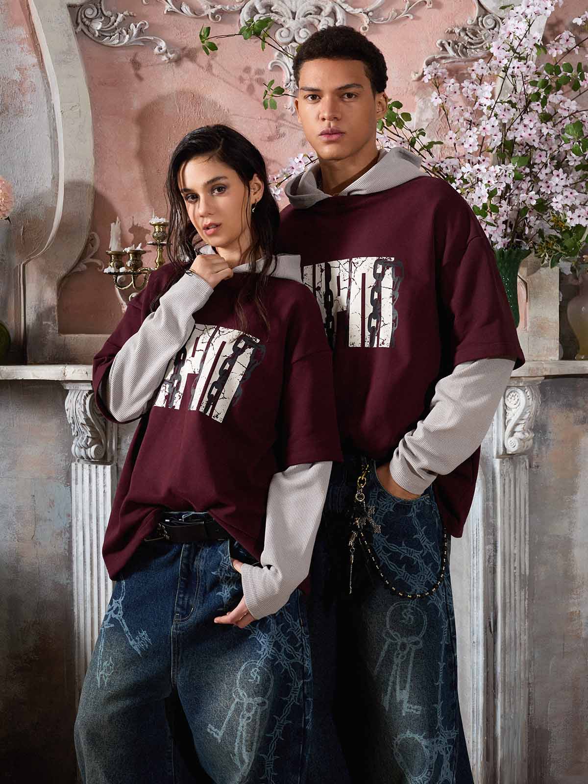Original Print Faux Two-Piece Hooded Long-Sleeve T-Shirt - Image 6