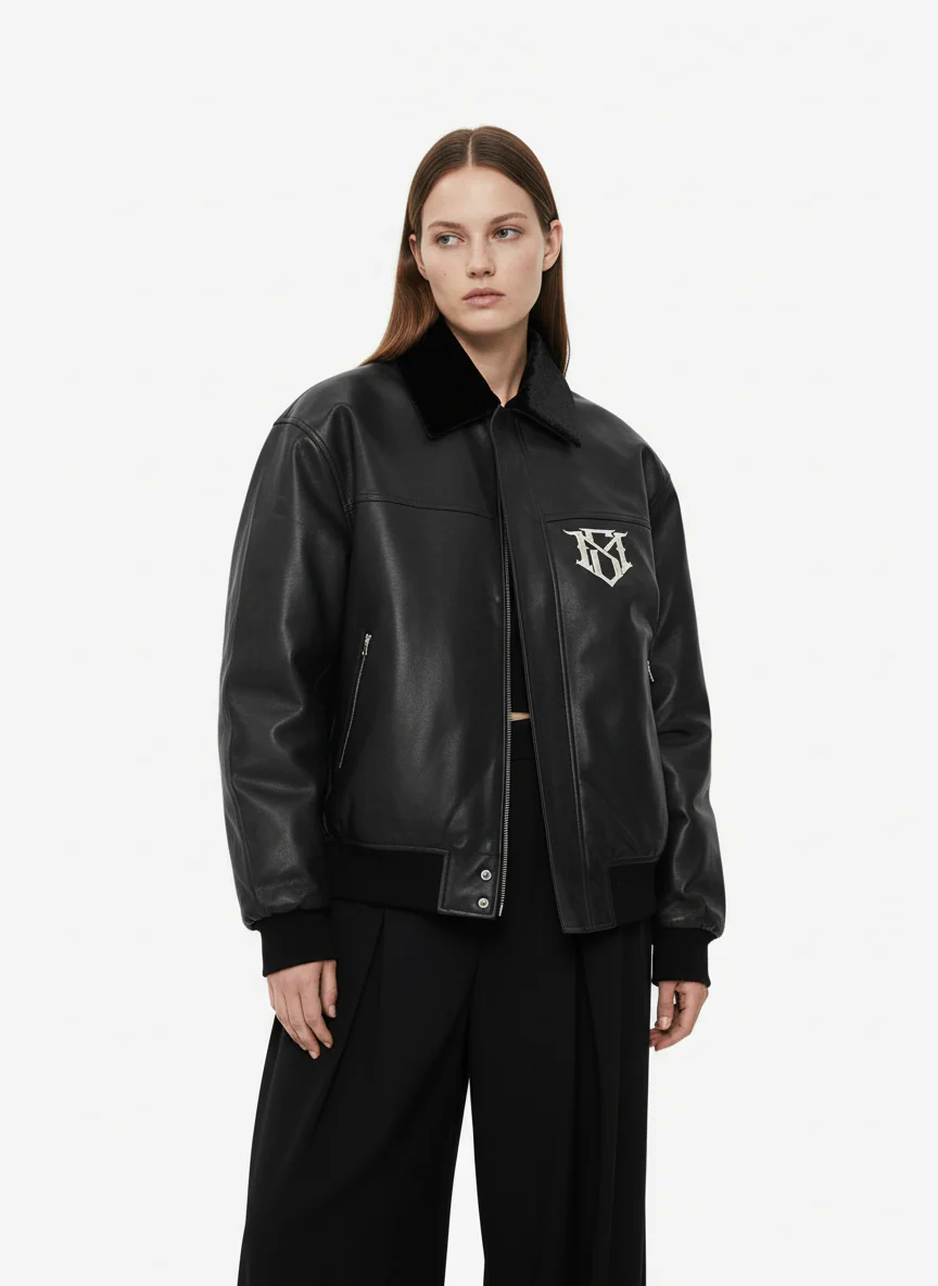 SUPM Fur Collar Rhinestone Pattern Leather Jacket