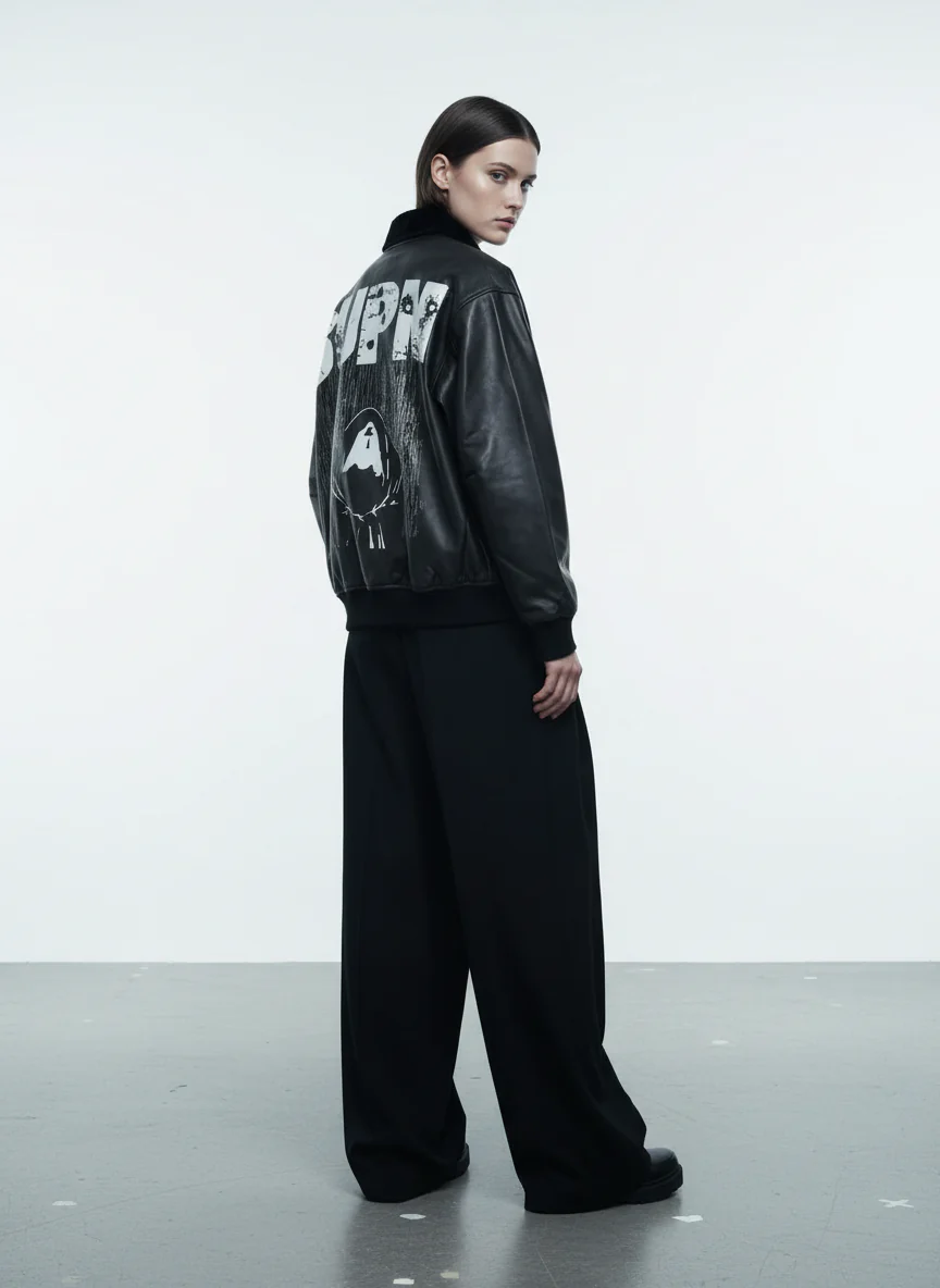 SUPM Fur Collar Rhinestone Pattern Leather Jacket - Image 4