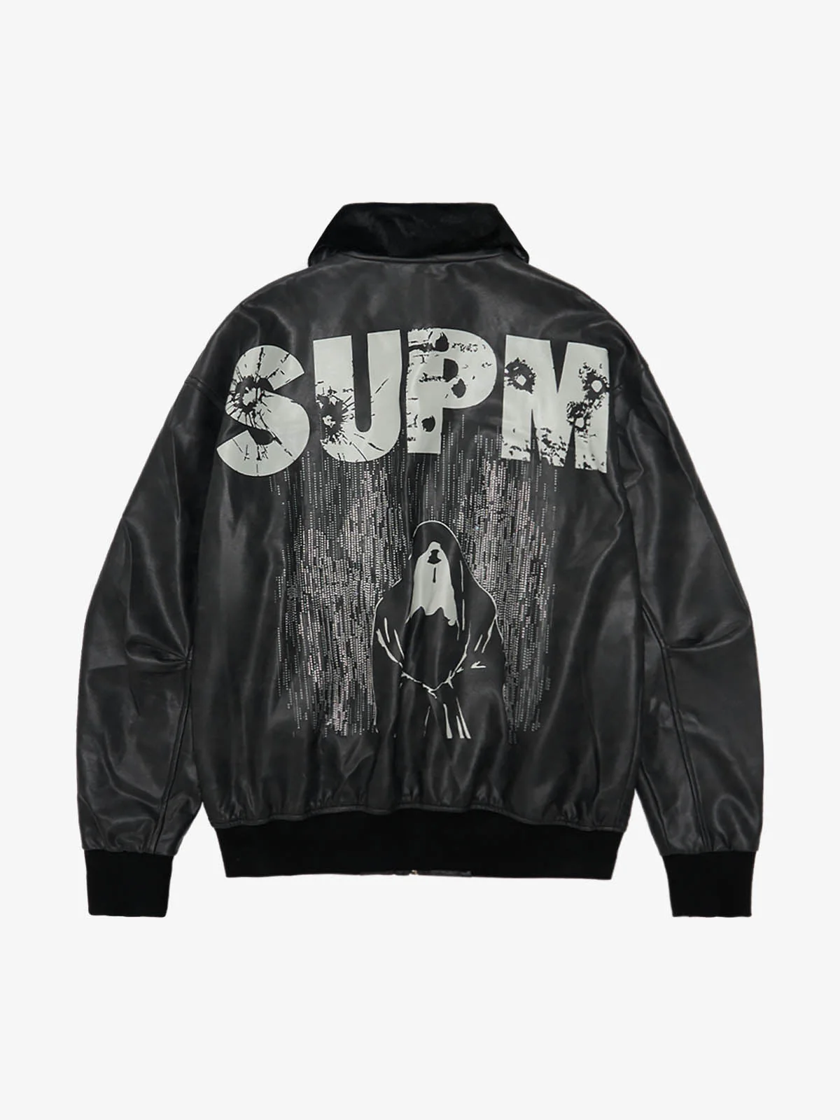 SUPM Fur Collar Rhinestone Pattern Leather Jacket - Image 6
