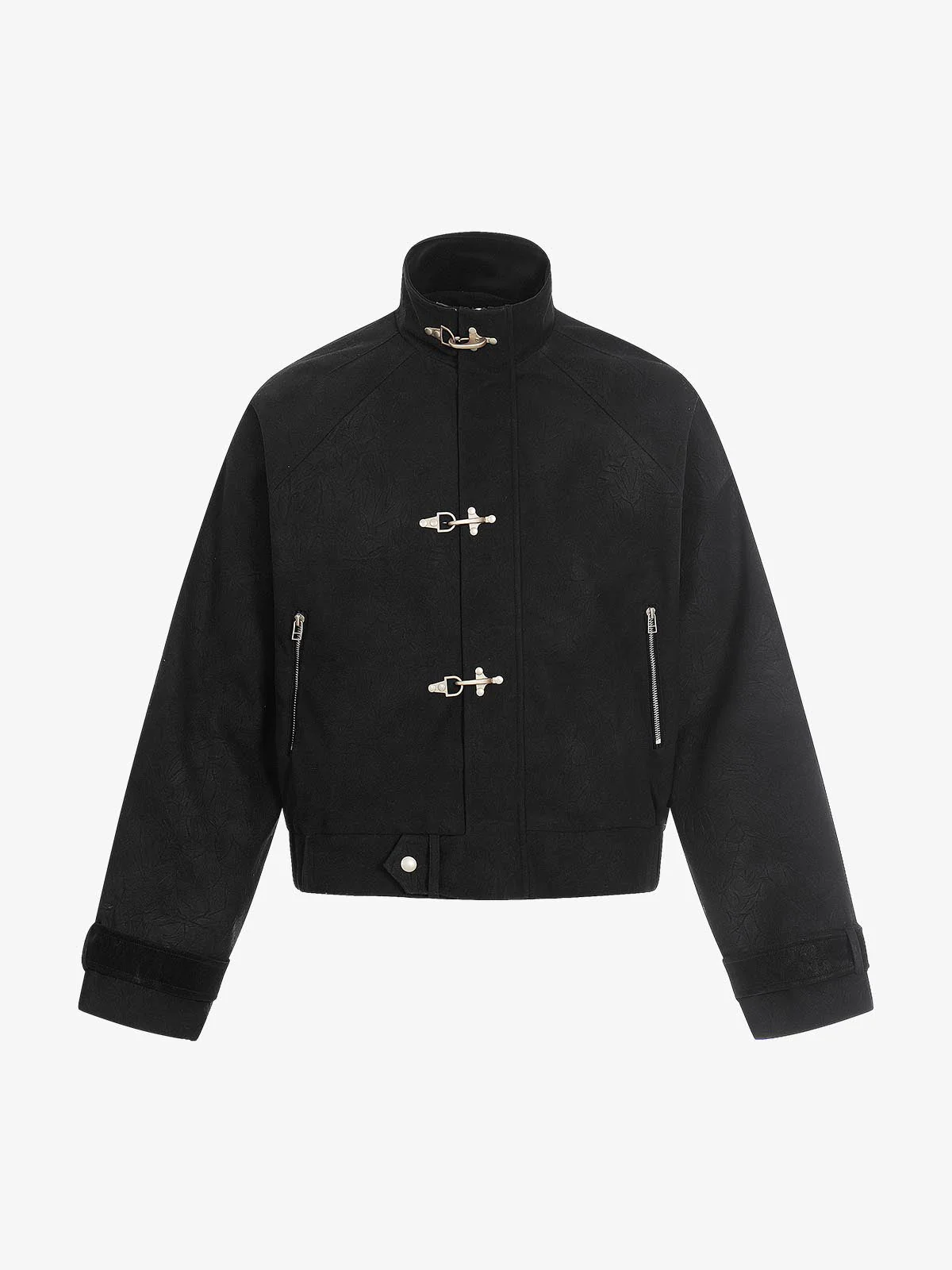 Textured Faux Leather Stand Collar Metal Buckle Jacket