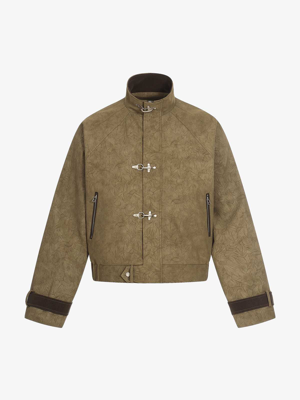 Textured Faux Leather Stand Collar Metal Buckle Jacket - Image 2