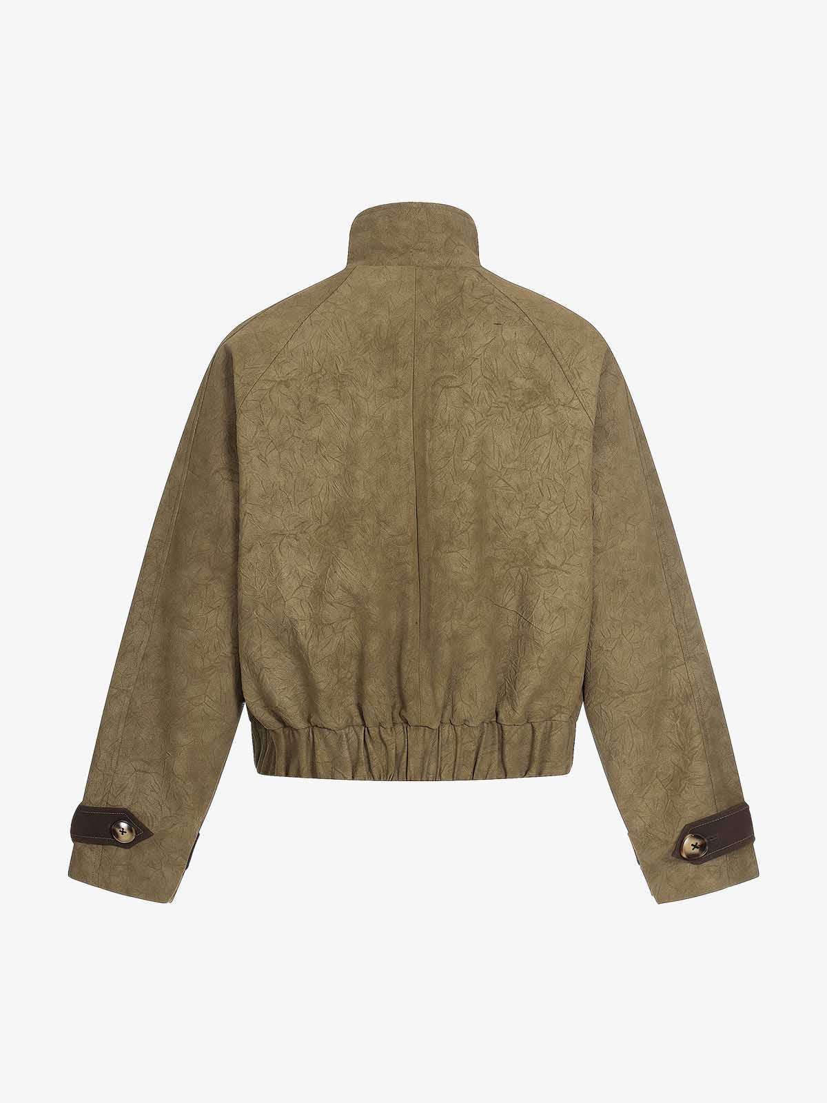 Textured Faux Leather Stand Collar Metal Buckle Jacket - Image 4