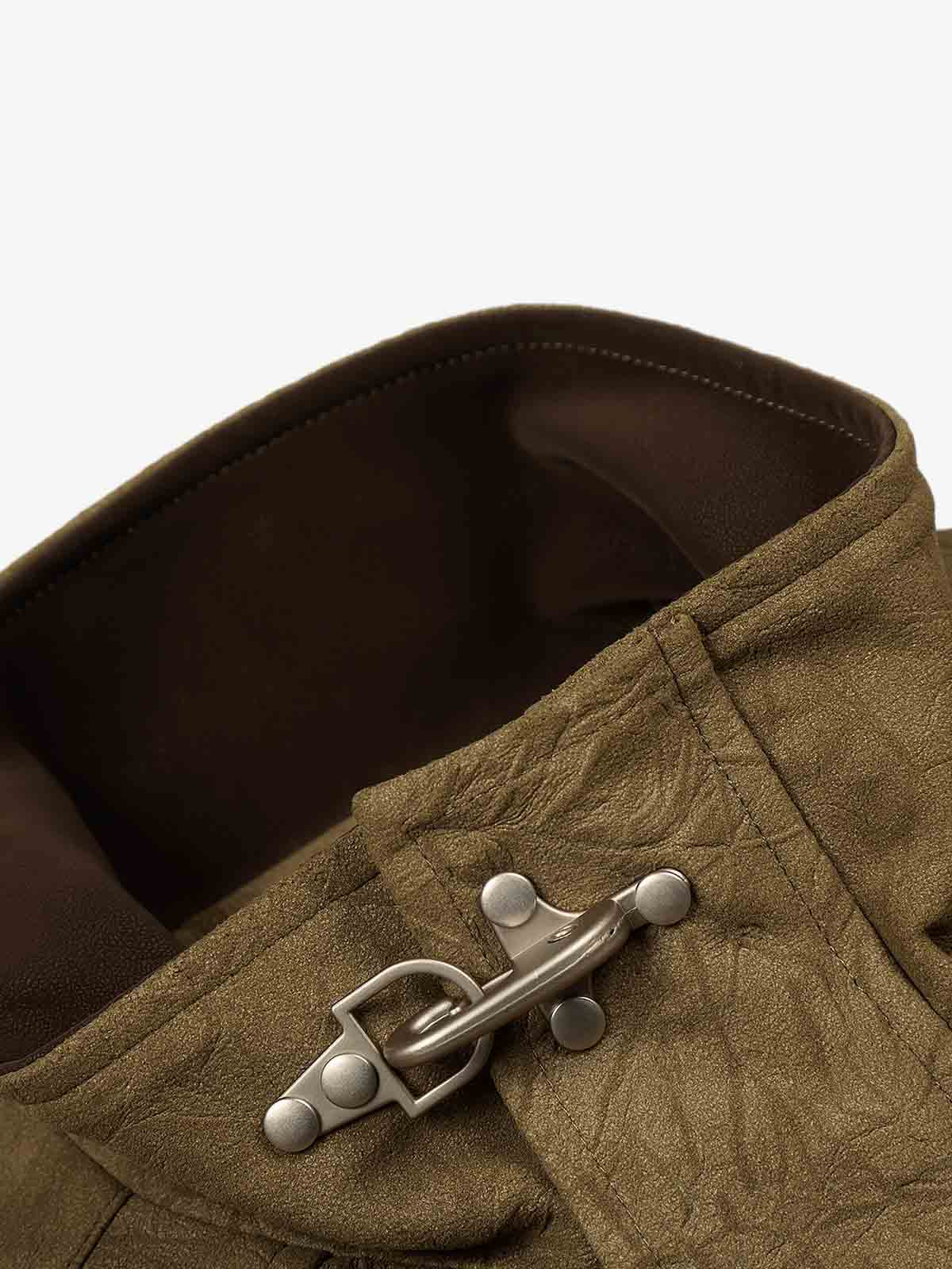 Textured Faux Leather Stand Collar Metal Buckle Jacket - Image 5