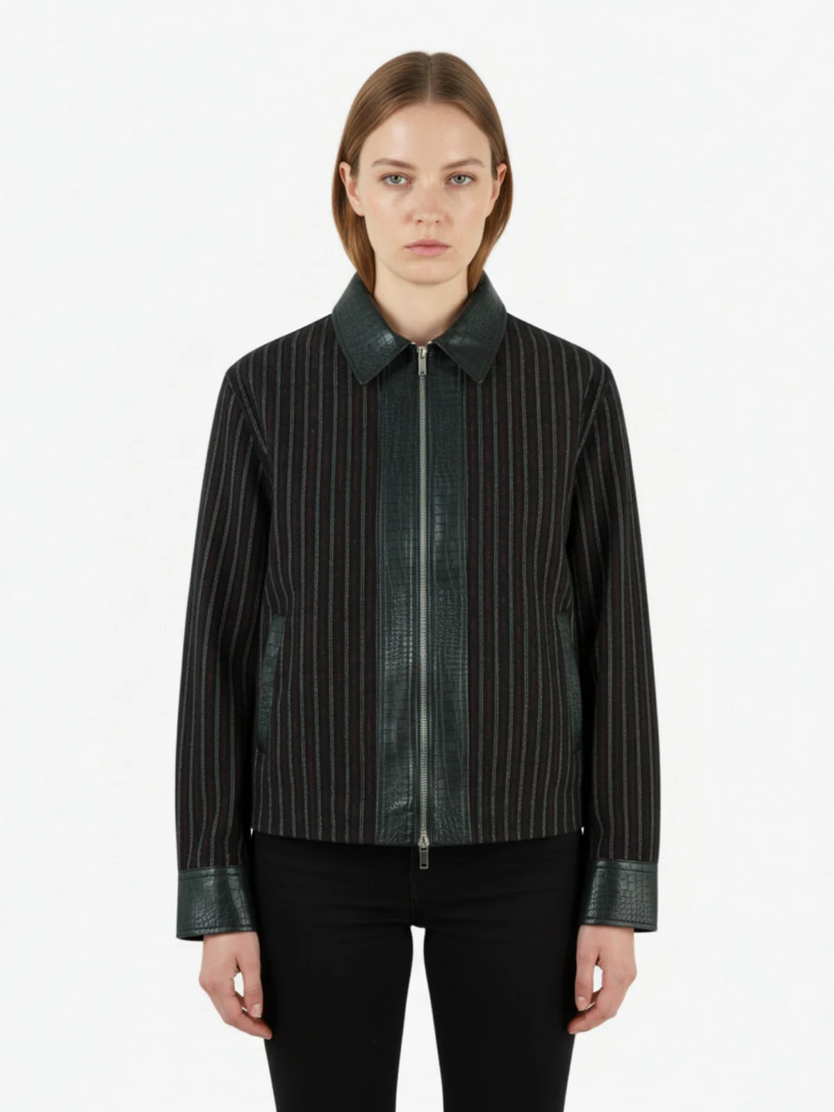 Textured PU Leather Patchwork Retro Stripe Jacket