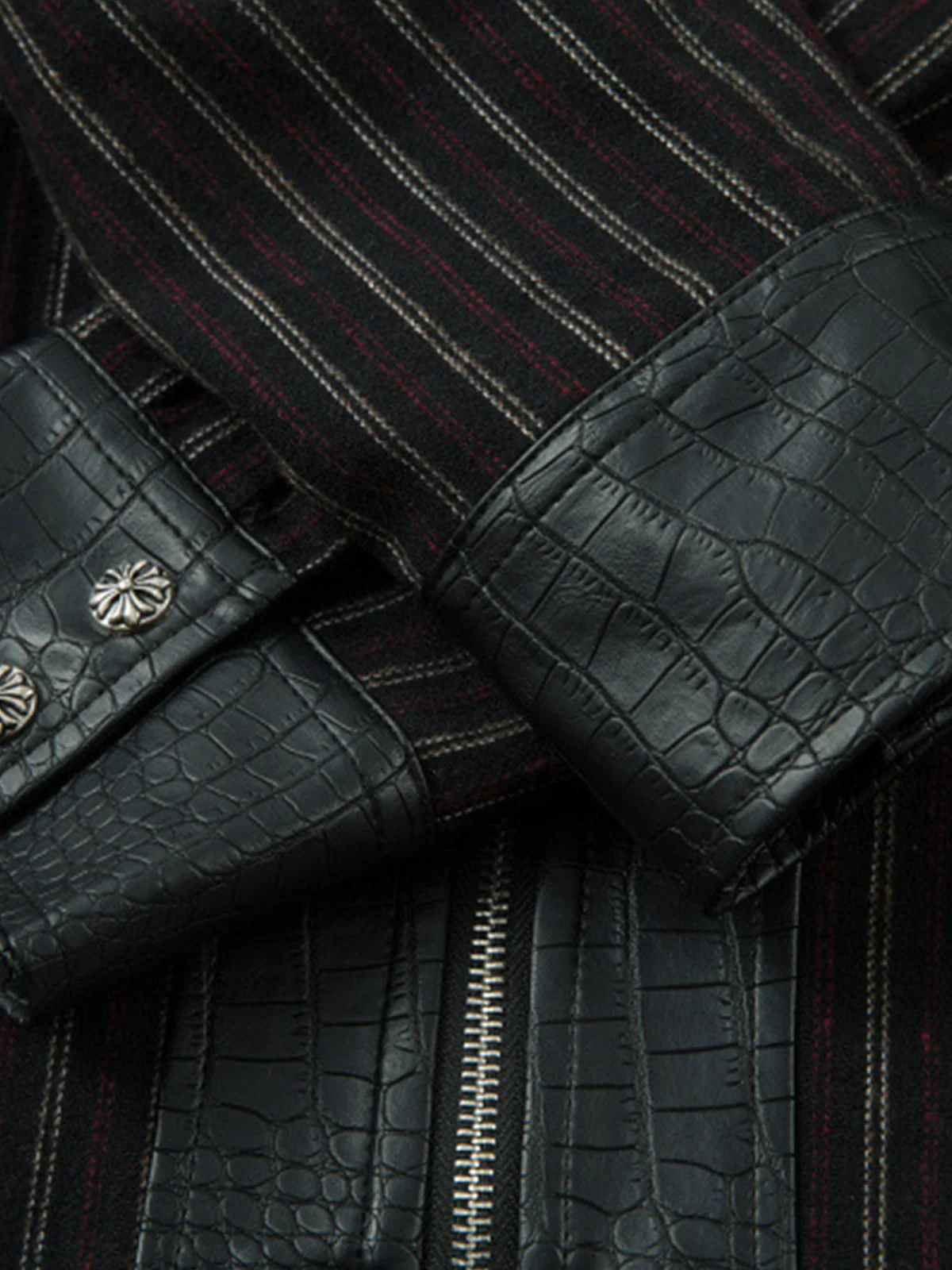 Textured PU Leather Patchwork Retro Stripe Jacket - Image 10