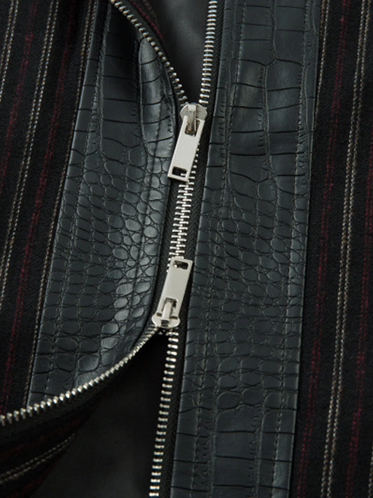 Textured PU Leather Patchwork Retro Stripe Jacket - Image 11