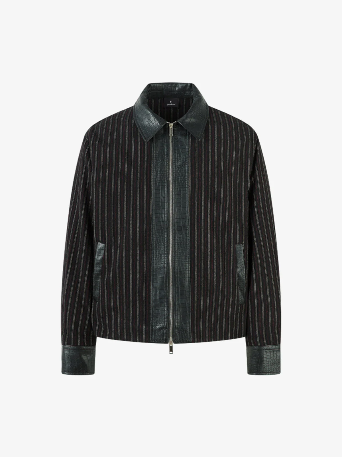 Textured PU Leather Patchwork Retro Stripe Jacket - Image 2