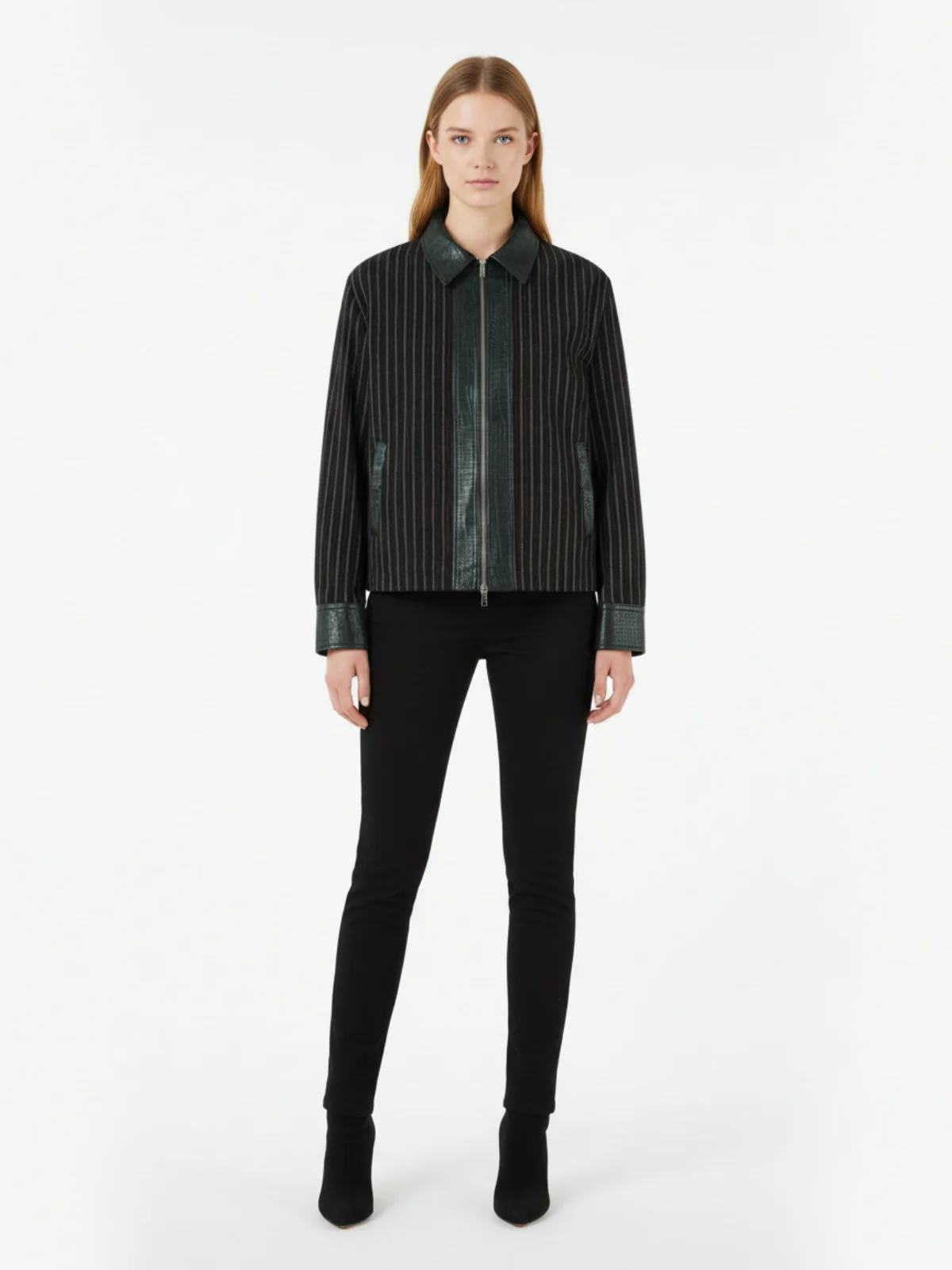 Textured PU Leather Patchwork Retro Stripe Jacket - Image 3