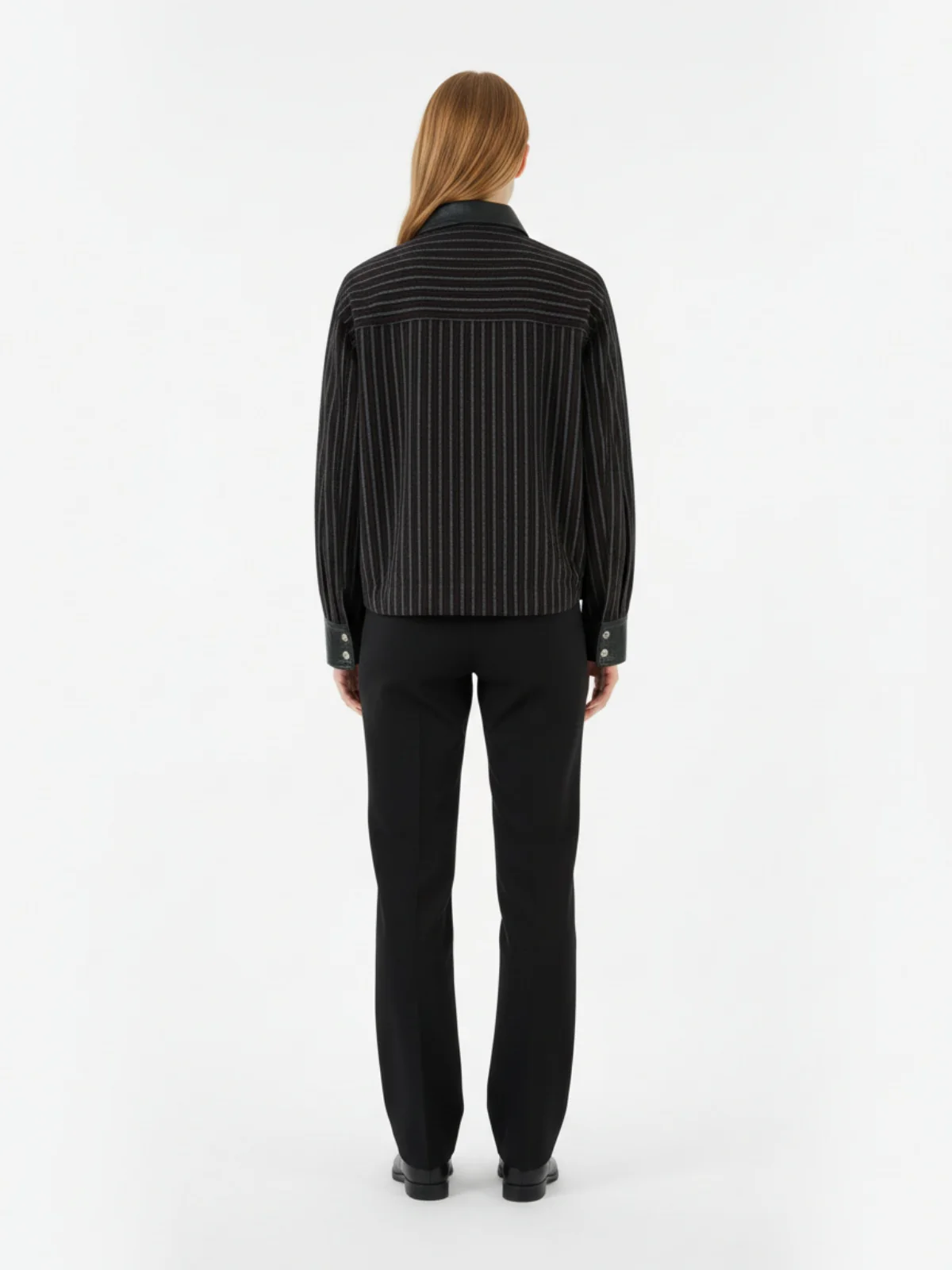 Textured PU Leather Patchwork Retro Stripe Jacket - Image 4