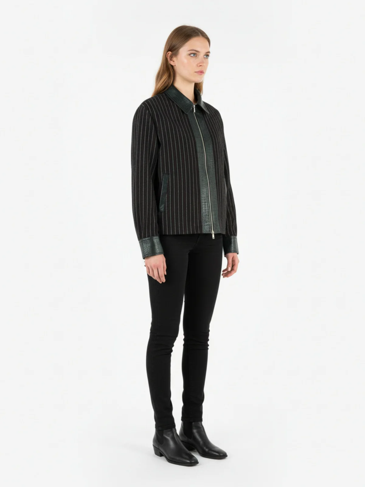 Textured PU Leather Patchwork Retro Stripe Jacket - Image 5