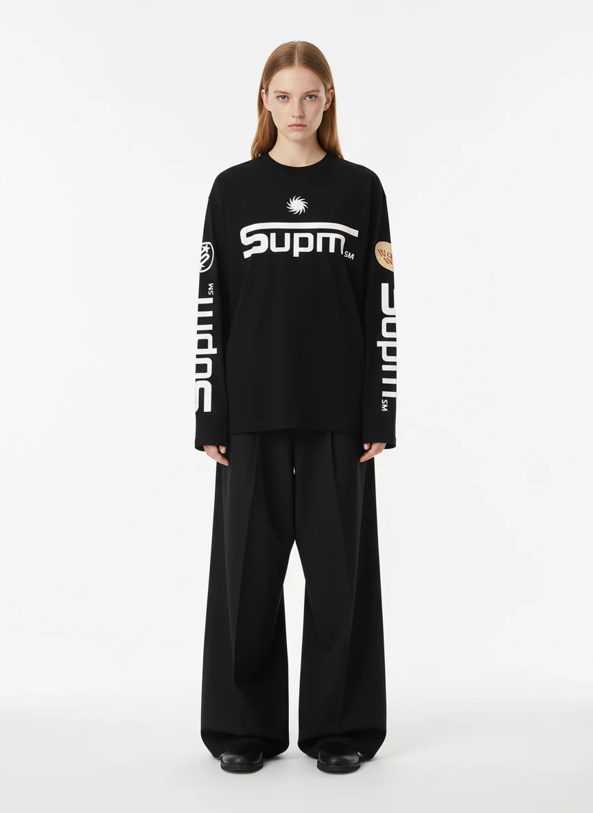 Textured Waffle SUPM Letter Graphic Long Sleeve T-Shirt - Image 8