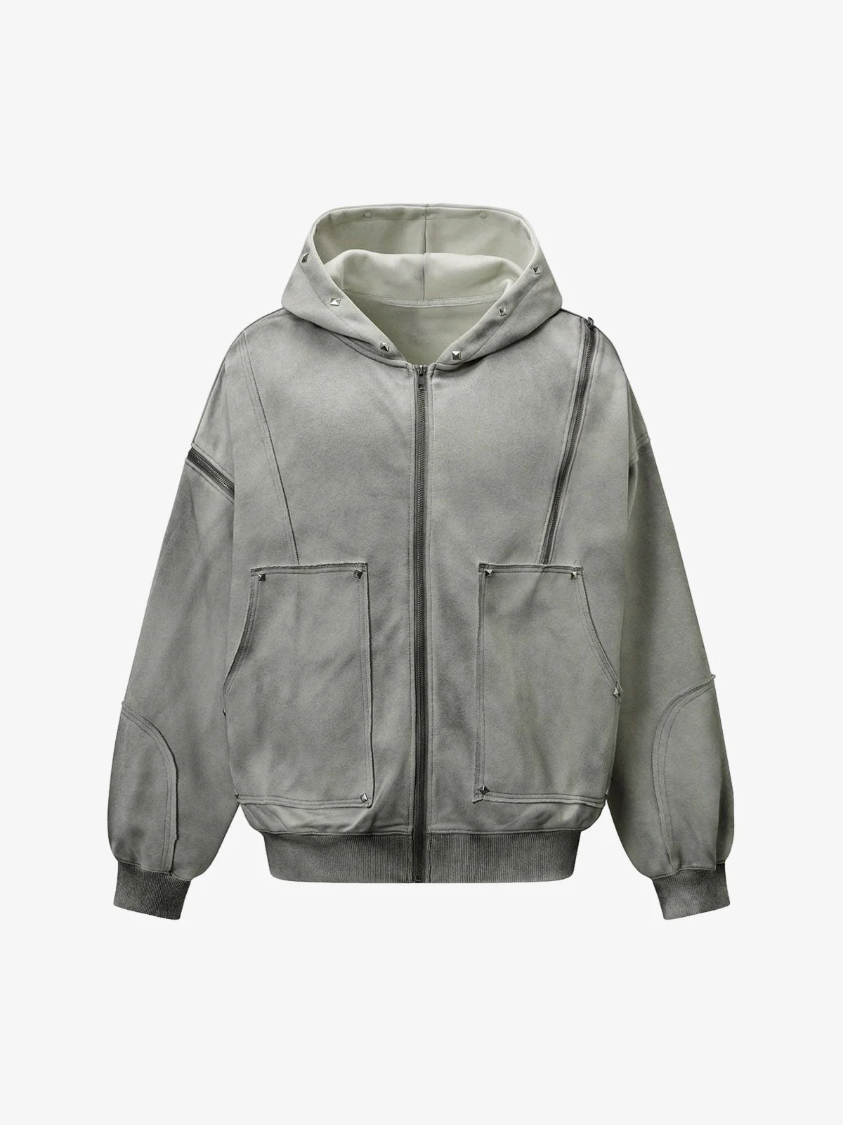 Street Washed Distressed Stitching Rivet Hooded Jacket - Image 6