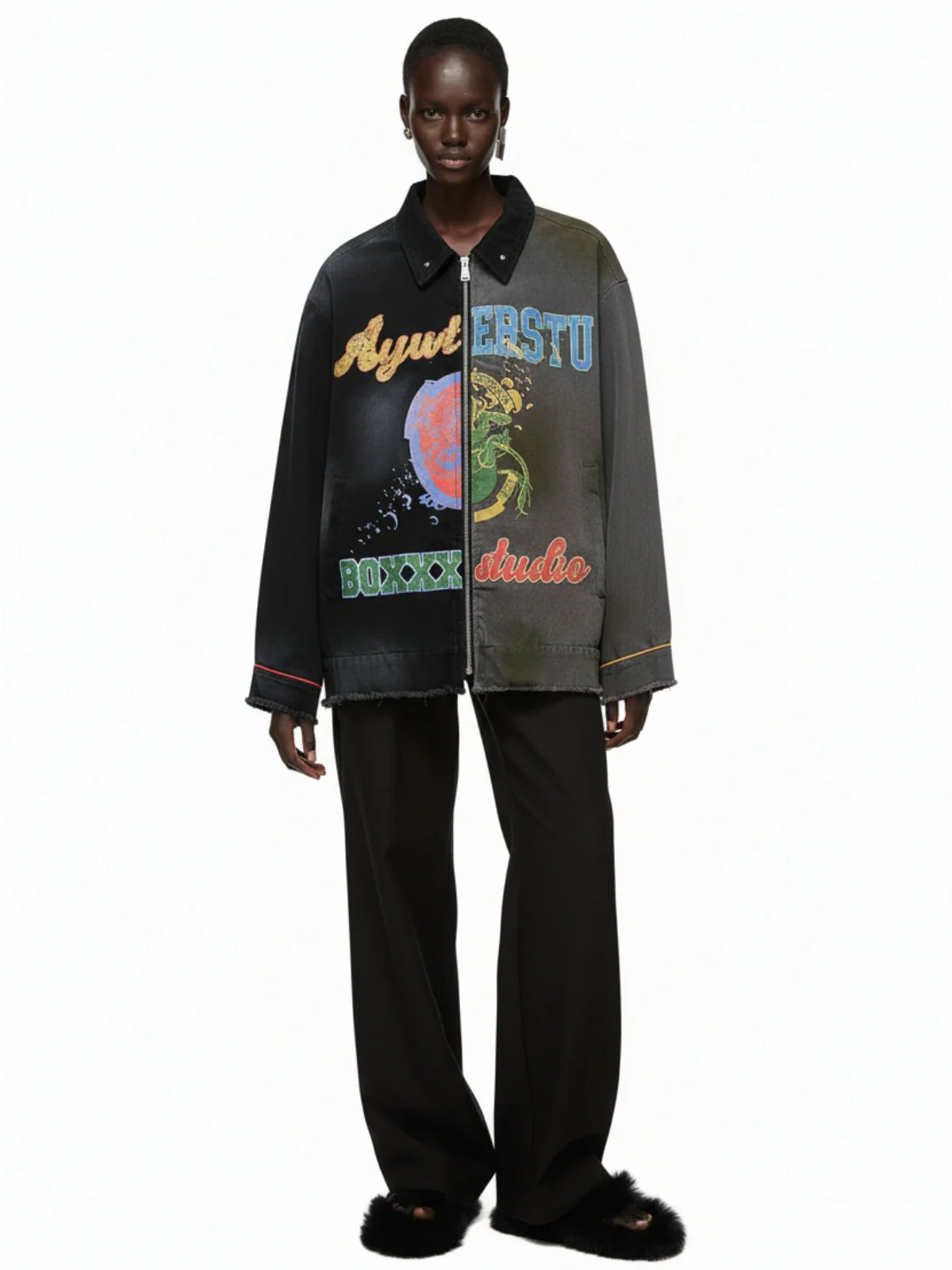 Contrast Color Spliced Graffiti Zip Up Jacket - Image 3