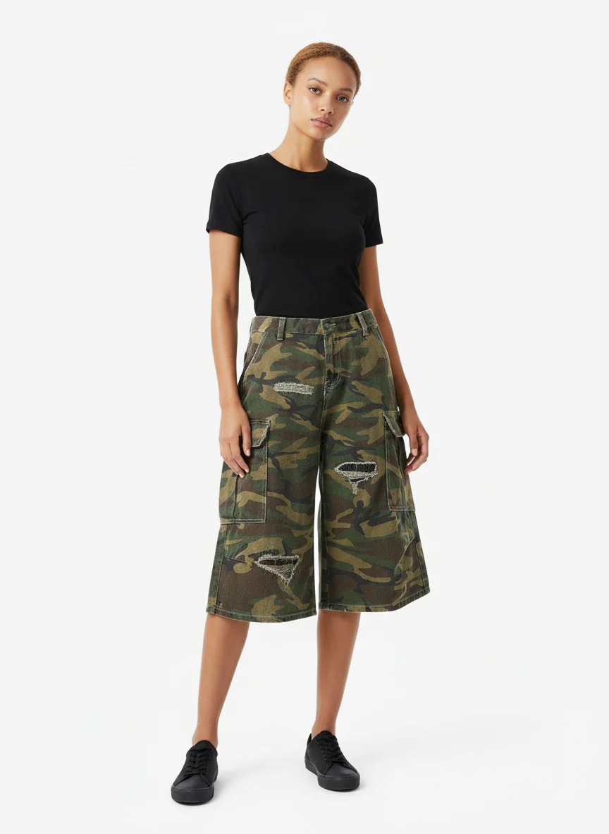 Retro Ripped Camouflage Cropped Jorts - 2387 - Image 3
