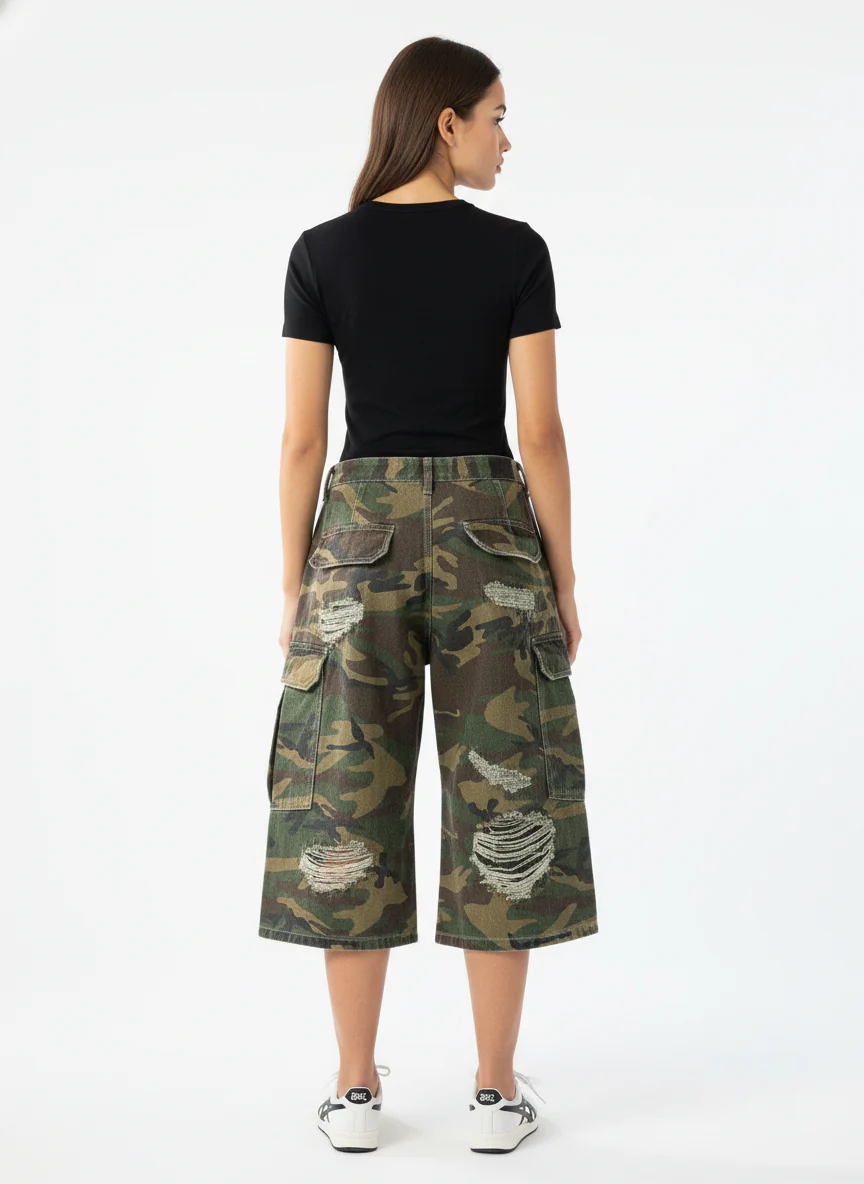 Retro Ripped Camouflage Cropped Jorts - 2387 - Image 4