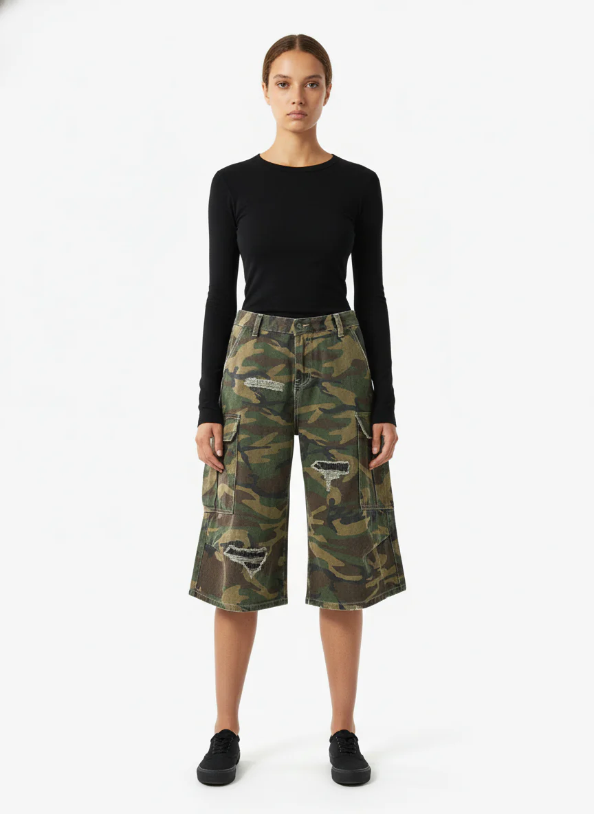 Retro Ripped Camouflage Cropped Jorts - 2387 - Image 5