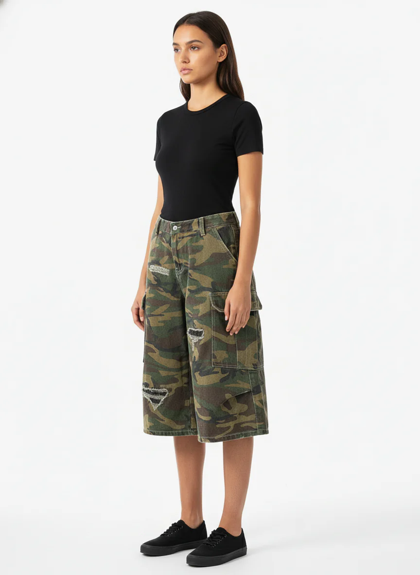 Retro Ripped Camouflage Cropped Jorts - 2387 - Image 6