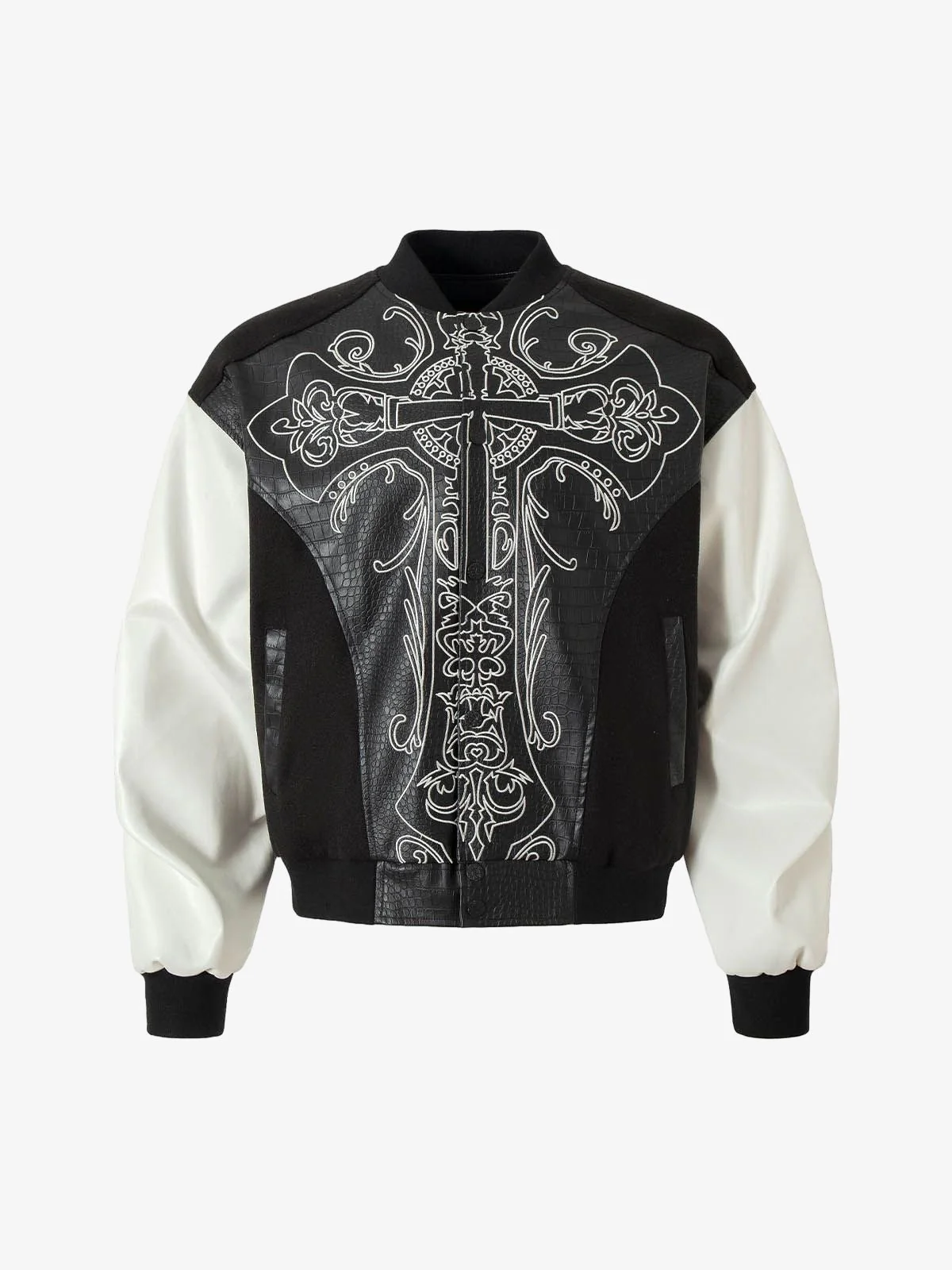 Gothic Cross Embroidery Crocodile Leather Bomber Jacket - 2479 - Image 2