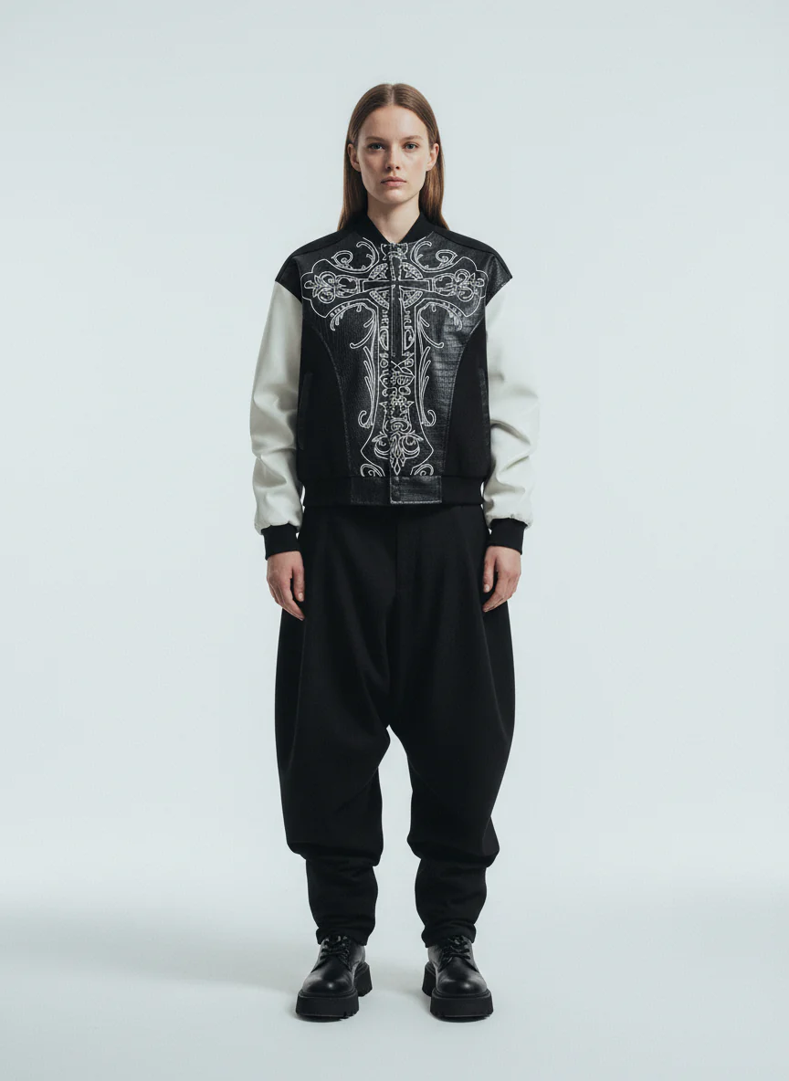 Gothic Cross Embroidery Crocodile Leather Bomber Jacket - 2479 - Image 3