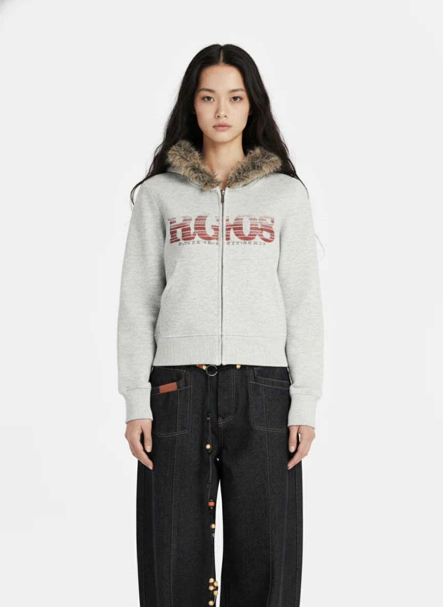 Thesupermade American Retro Gradient Letter Print Splicing Cardigan Fur Collar Coat