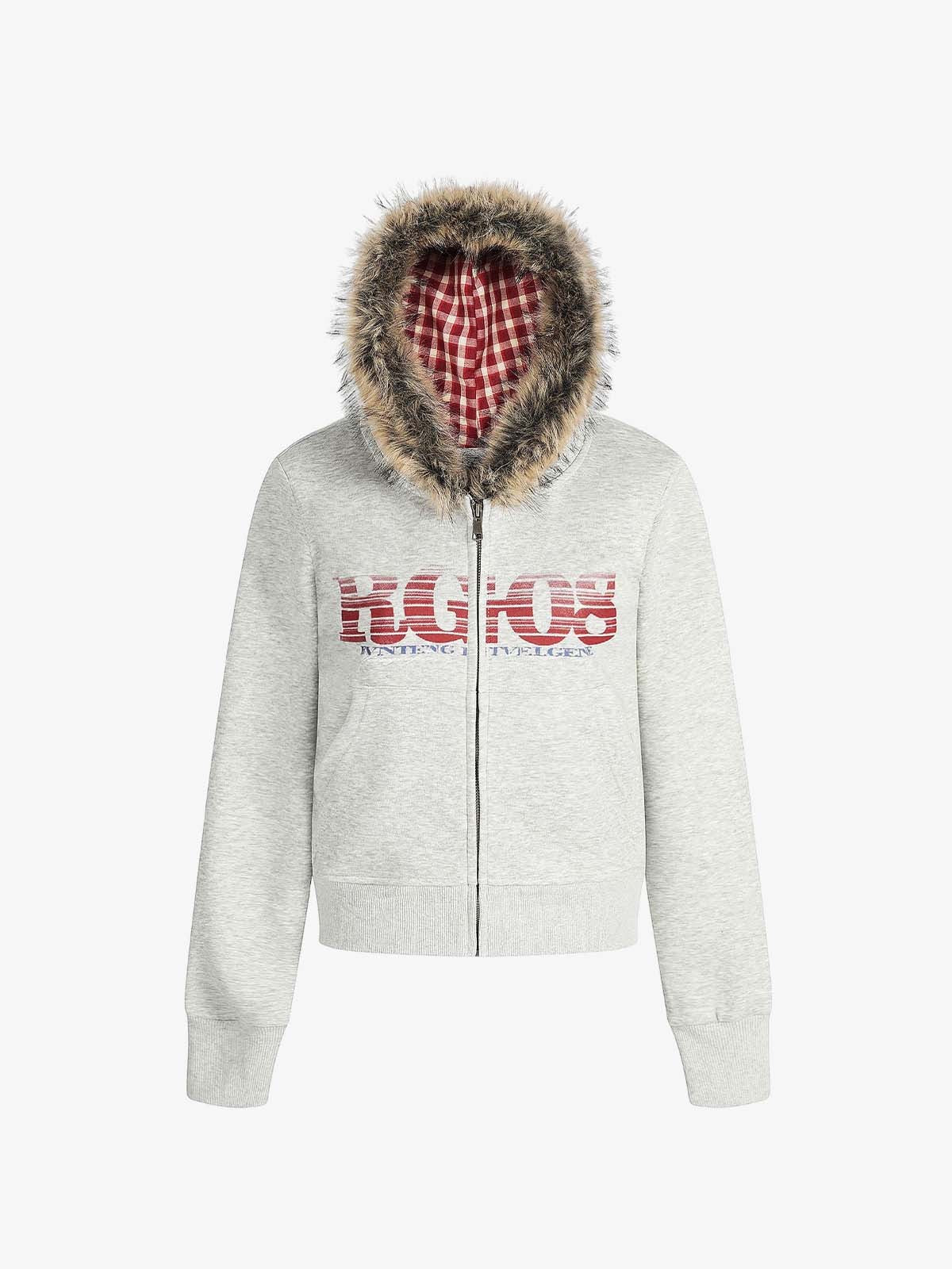 Thesupermade American Retro Gradient Letter Print Splicing Cardigan Fur Collar Coat - Image 10