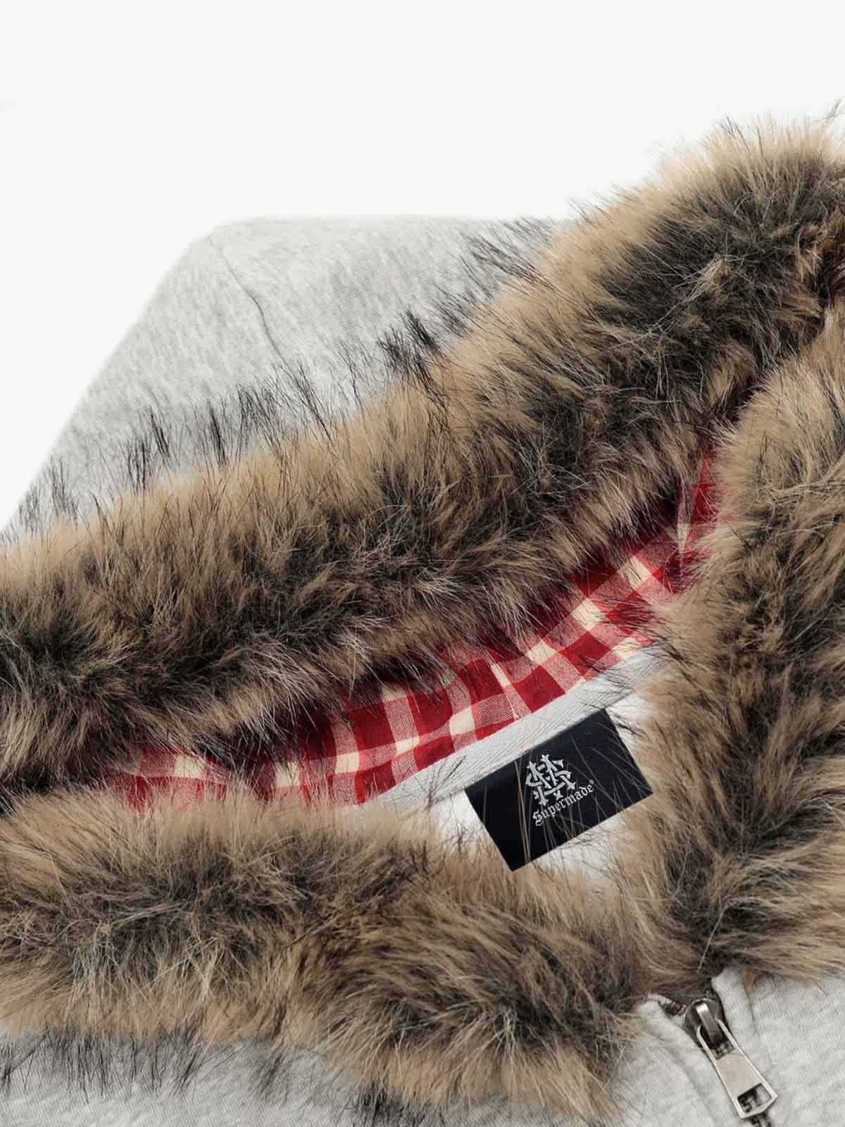 Thesupermade American Retro Gradient Letter Print Splicing Cardigan Fur Collar Coat - Image 13