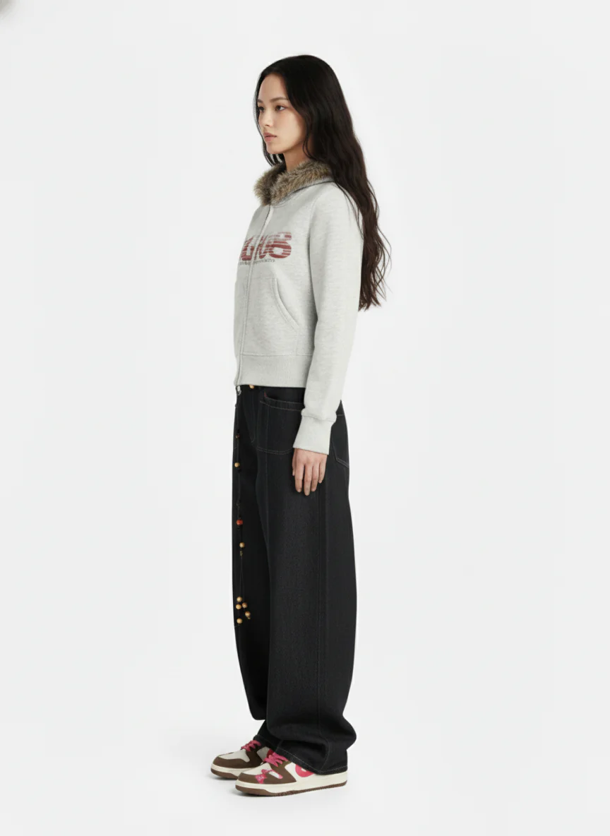 Thesupermade American Retro Gradient Letter Print Splicing Cardigan Fur Collar Coat - Image 5