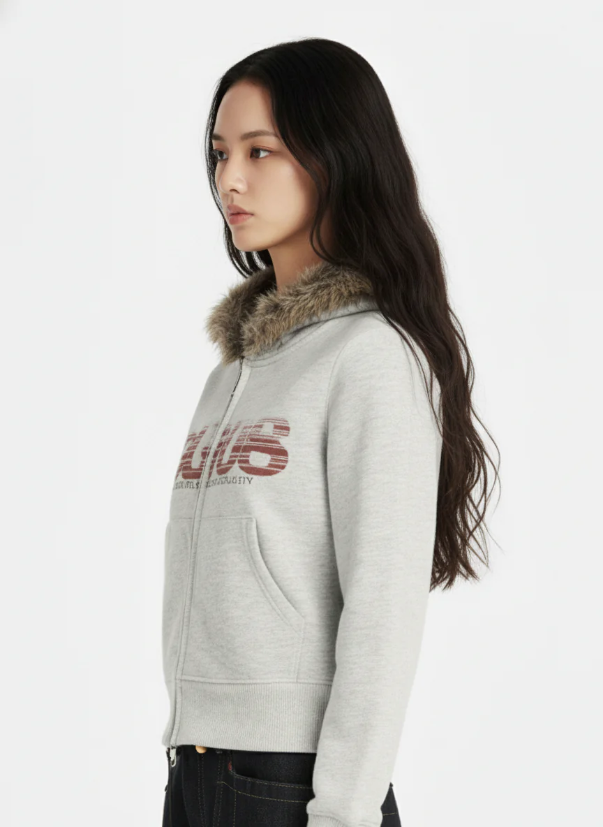 Thesupermade American Retro Gradient Letter Print Splicing Cardigan Fur Collar Coat - Image 7
