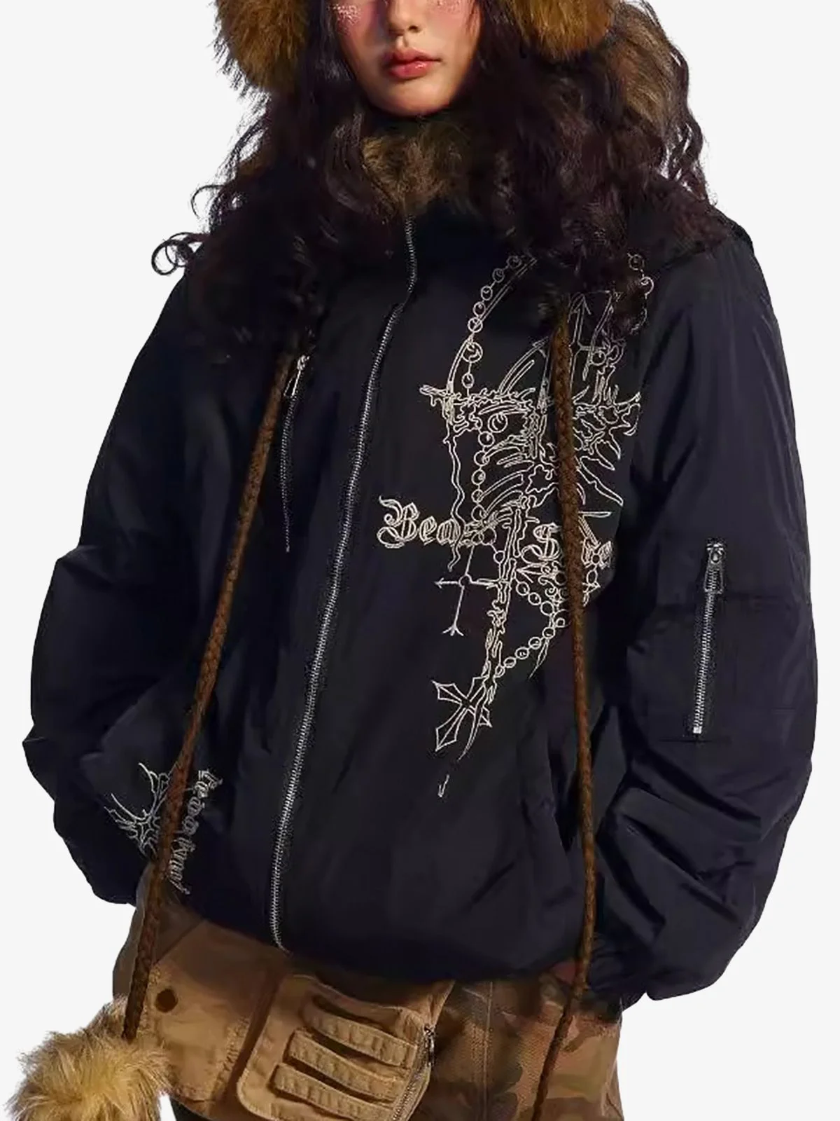 Embroidered Fur Hooded Quilted Jacket - Image 3