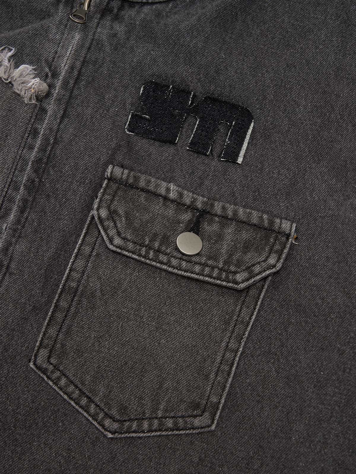 Original Appliqué Deconstructed Patchwork Raw-edge Denim Jacket - Image 4