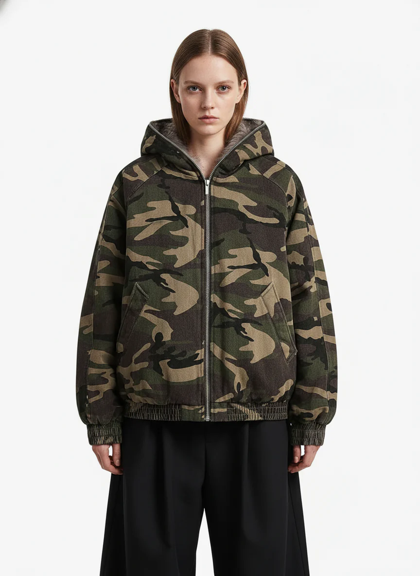 Thesupermade Camouflage Fur Collar Hooded Quilted Jacket