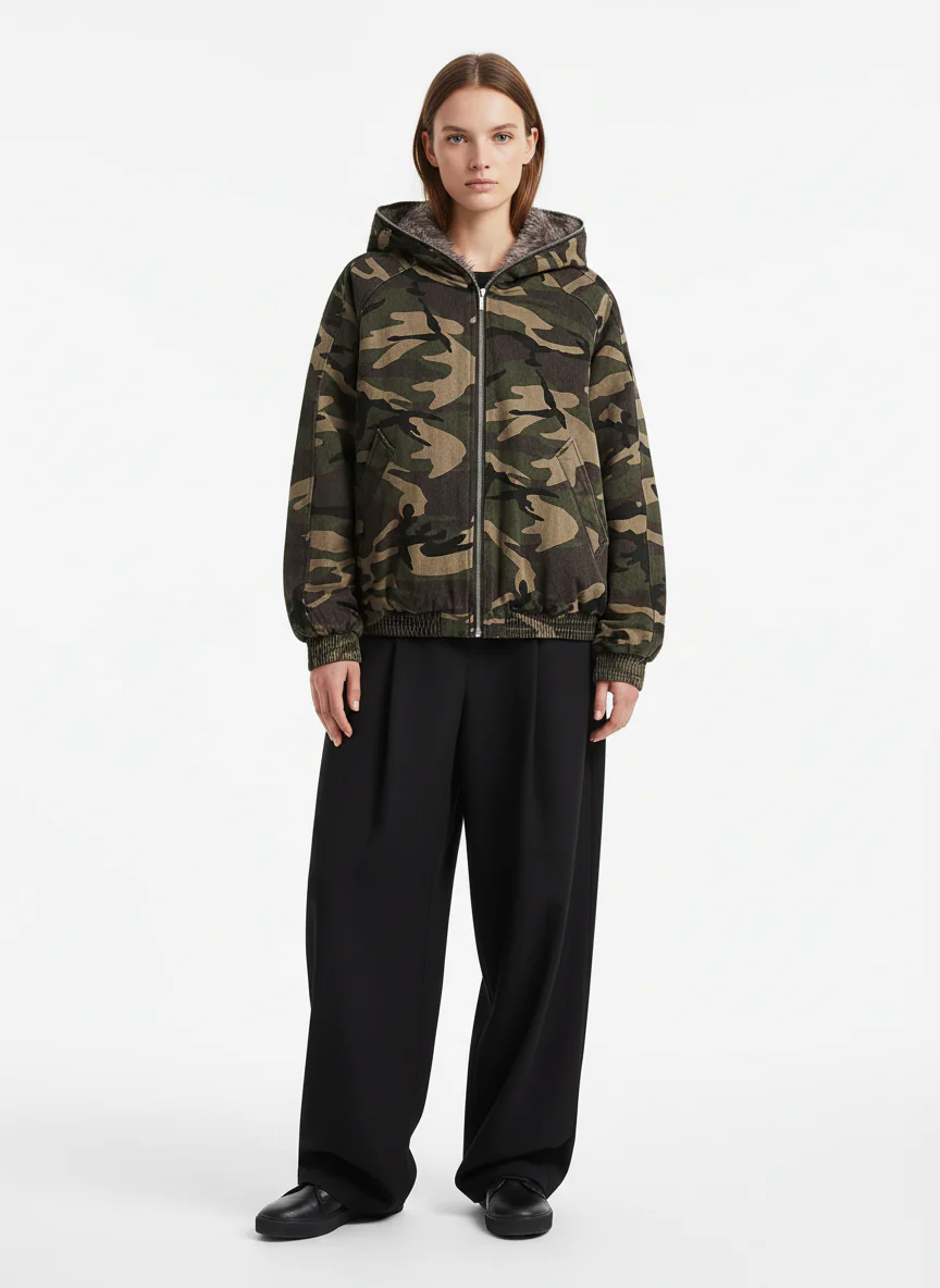 Thesupermade Camouflage Fur Collar Hooded Quilted Jacket - Image 3