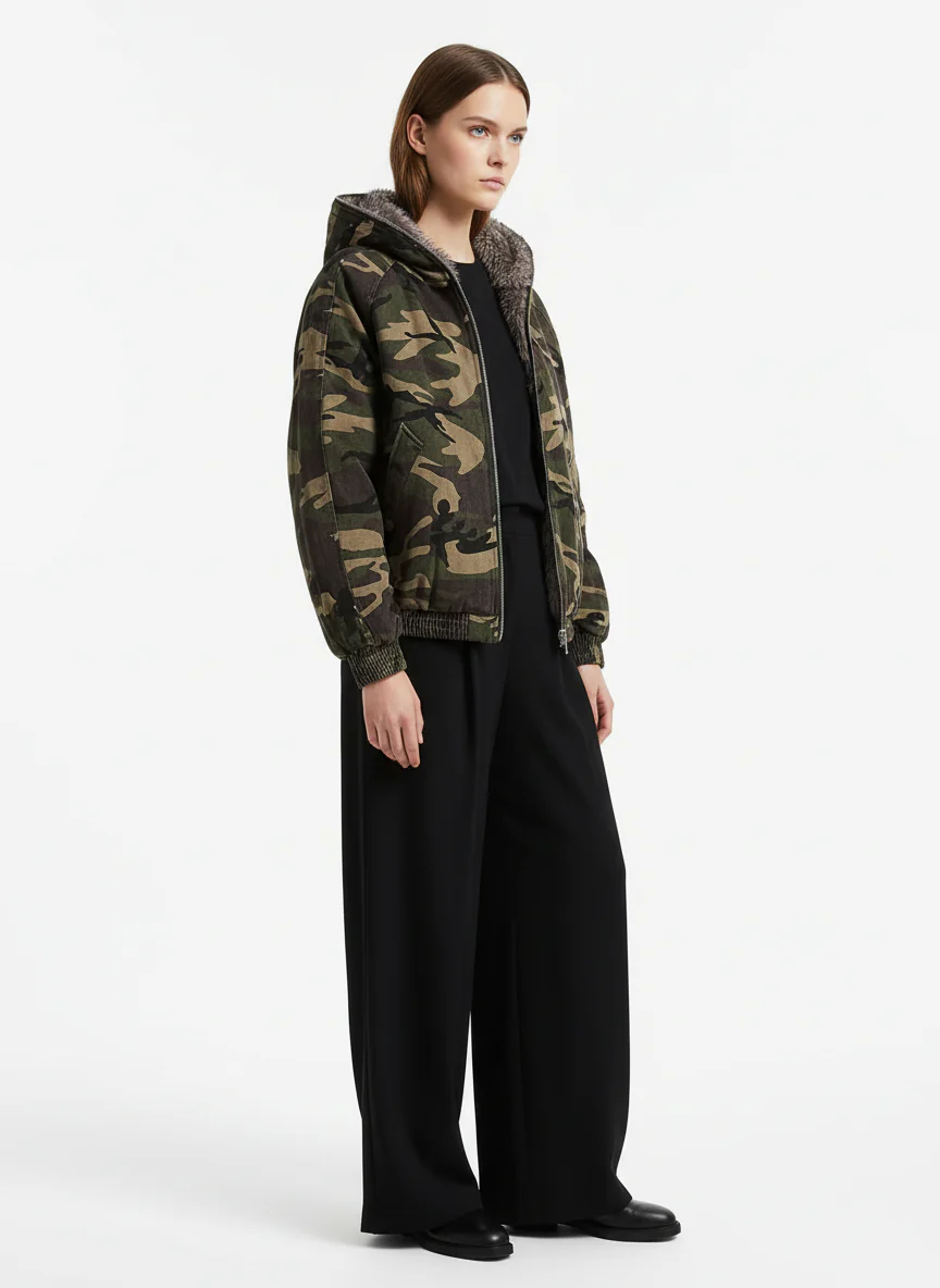Thesupermade Camouflage Fur Collar Hooded Quilted Jacket - Image 4