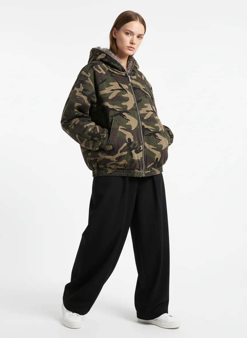 Thesupermade Camouflage Fur Collar Hooded Quilted Jacket - Image 5