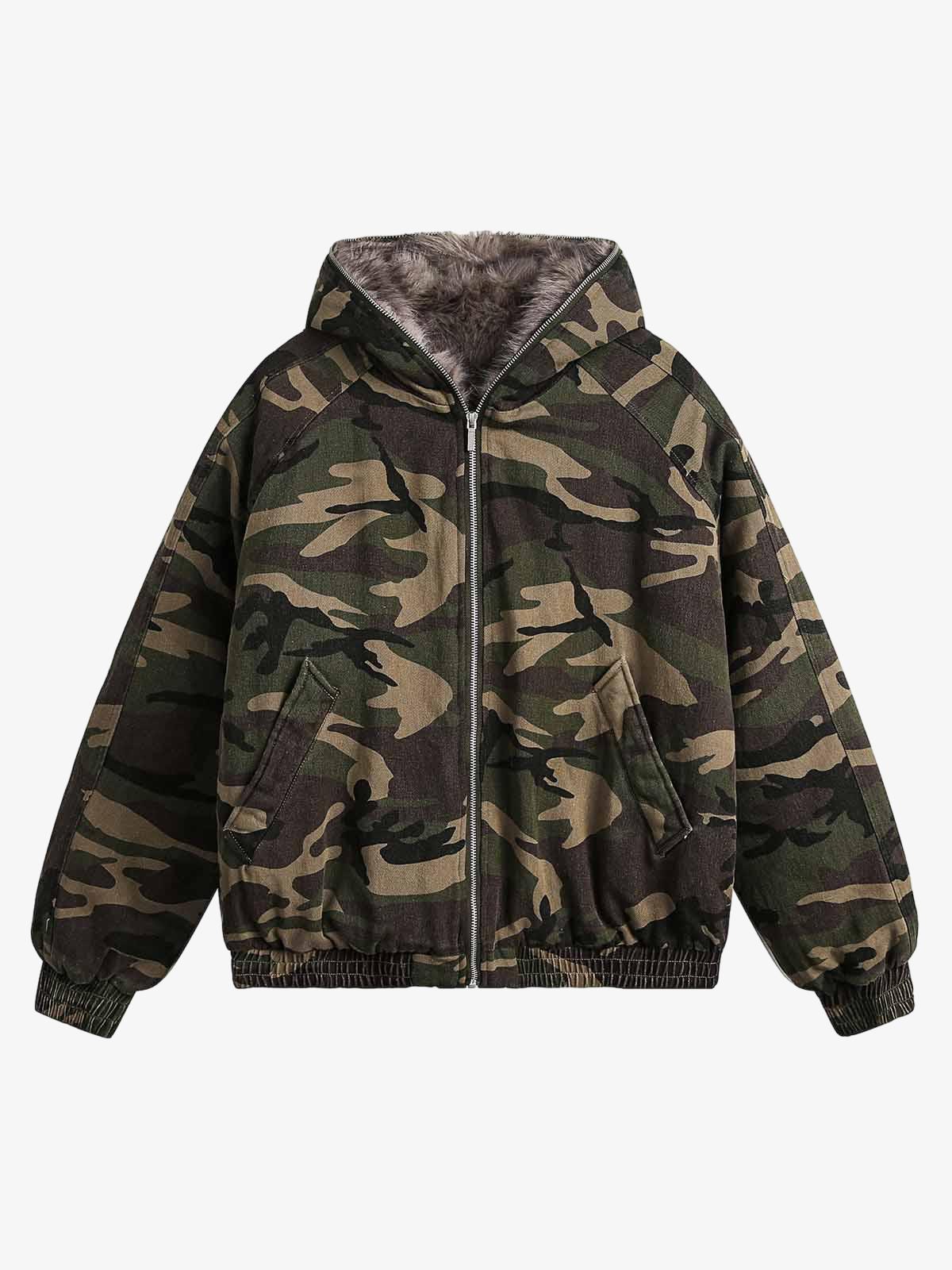 Thesupermade Camouflage Fur Collar Hooded Quilted Jacket - Image 7