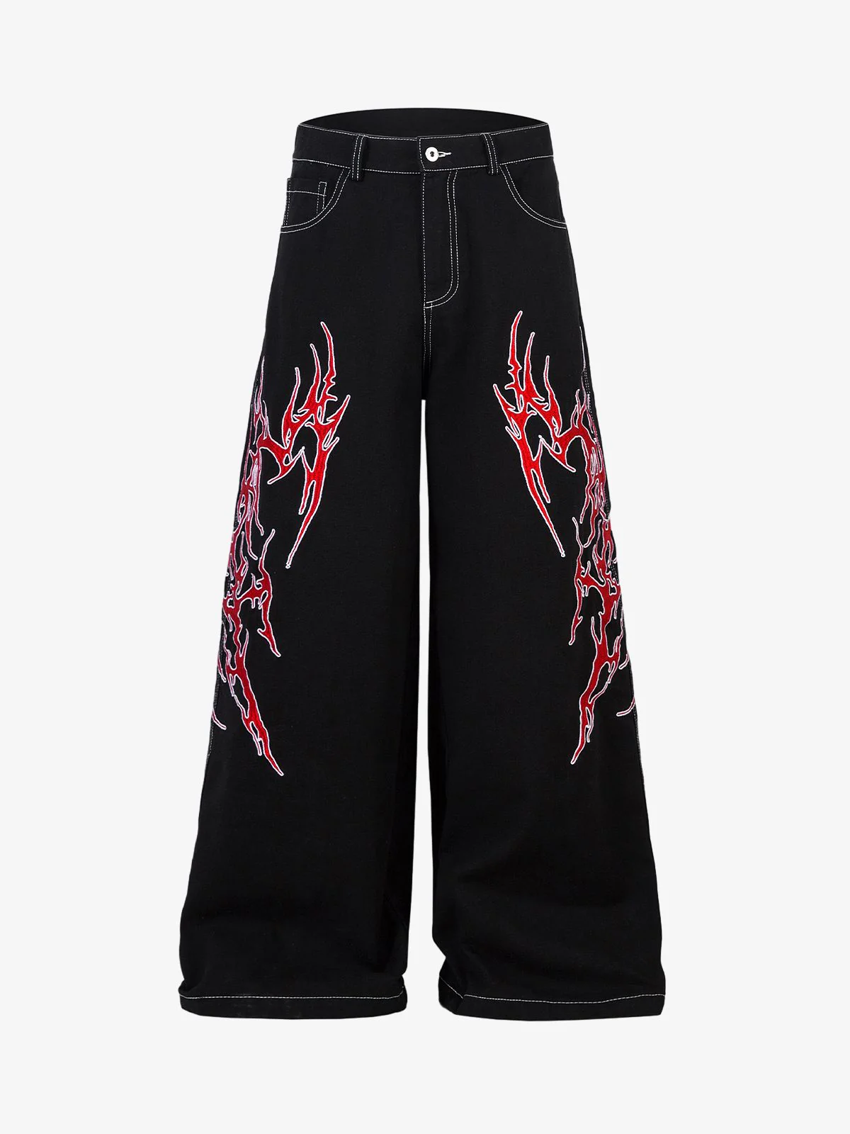 Contrast Flame Embroidered Baggy Jeans - 2364 - Image 2