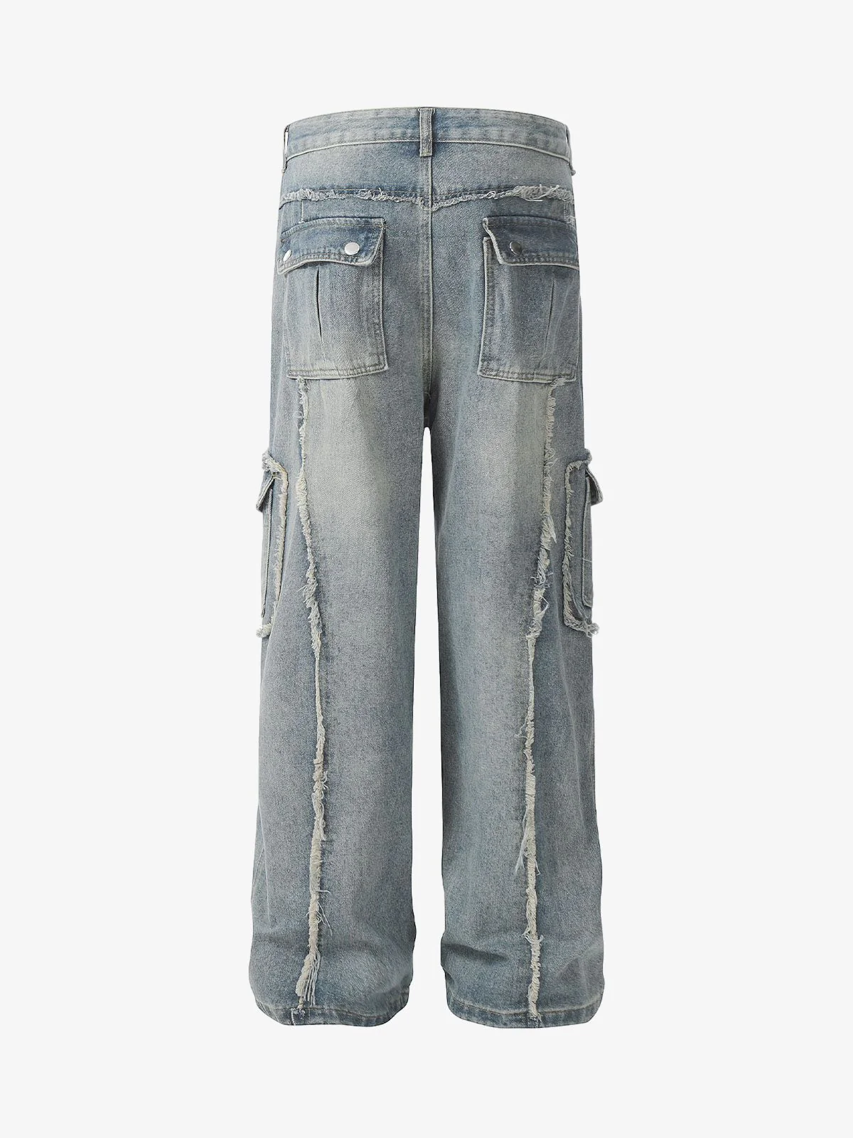 Thesupermade Detressed Raw Edge Multi-pocket Cargo Jeans - Image 2