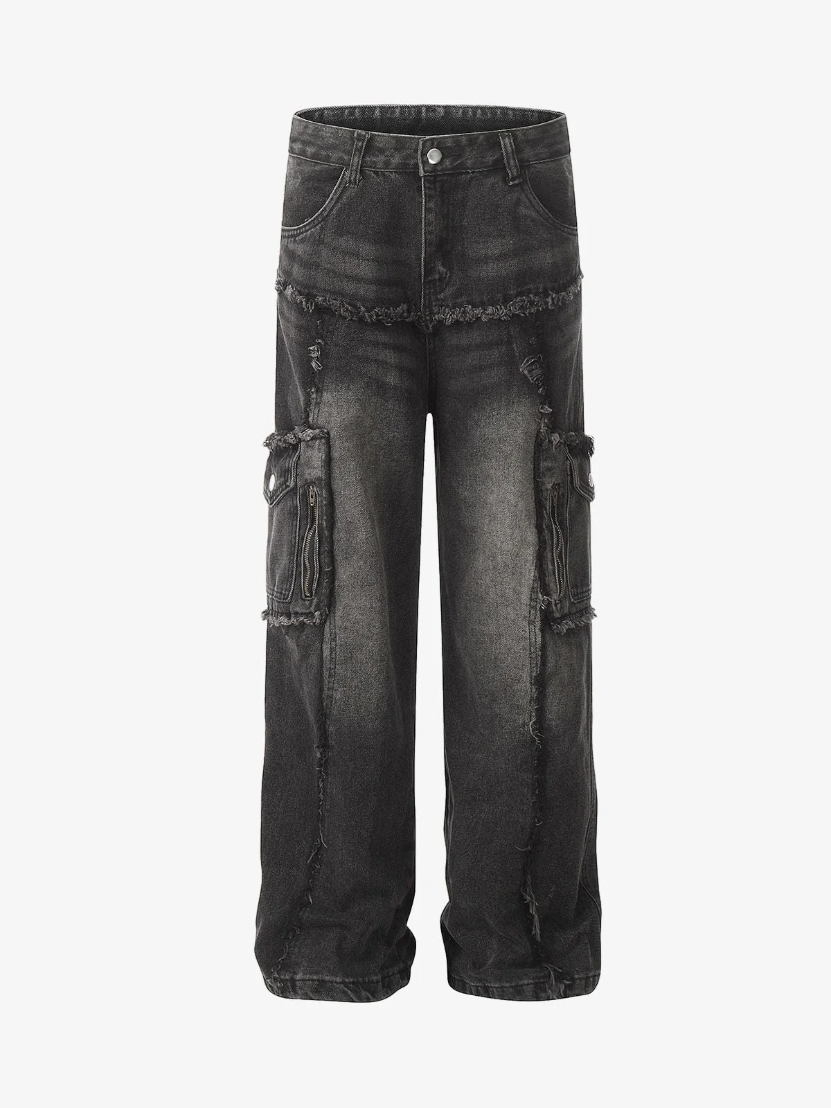 Thesupermade Detressed Raw Edge Multi-pocket Cargo Jeans - Image 3