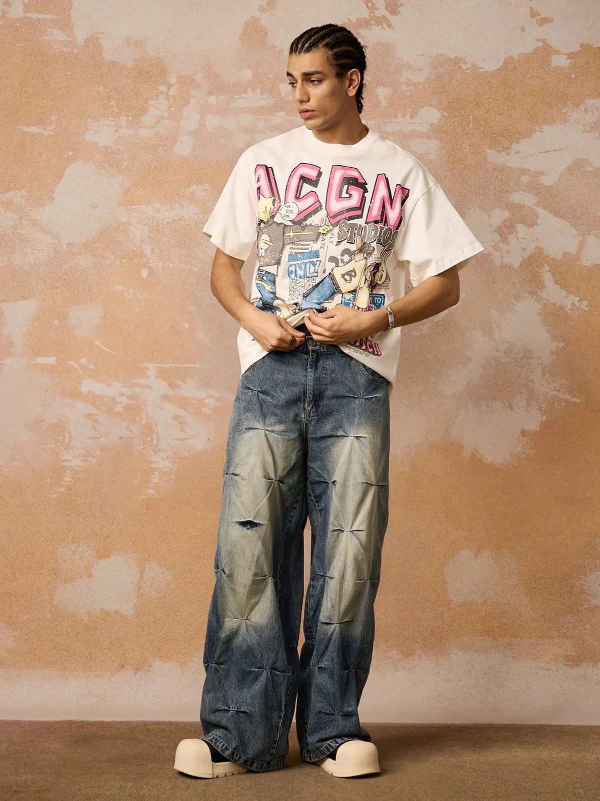 Distressed Washed Pleated Jeans - Image 3