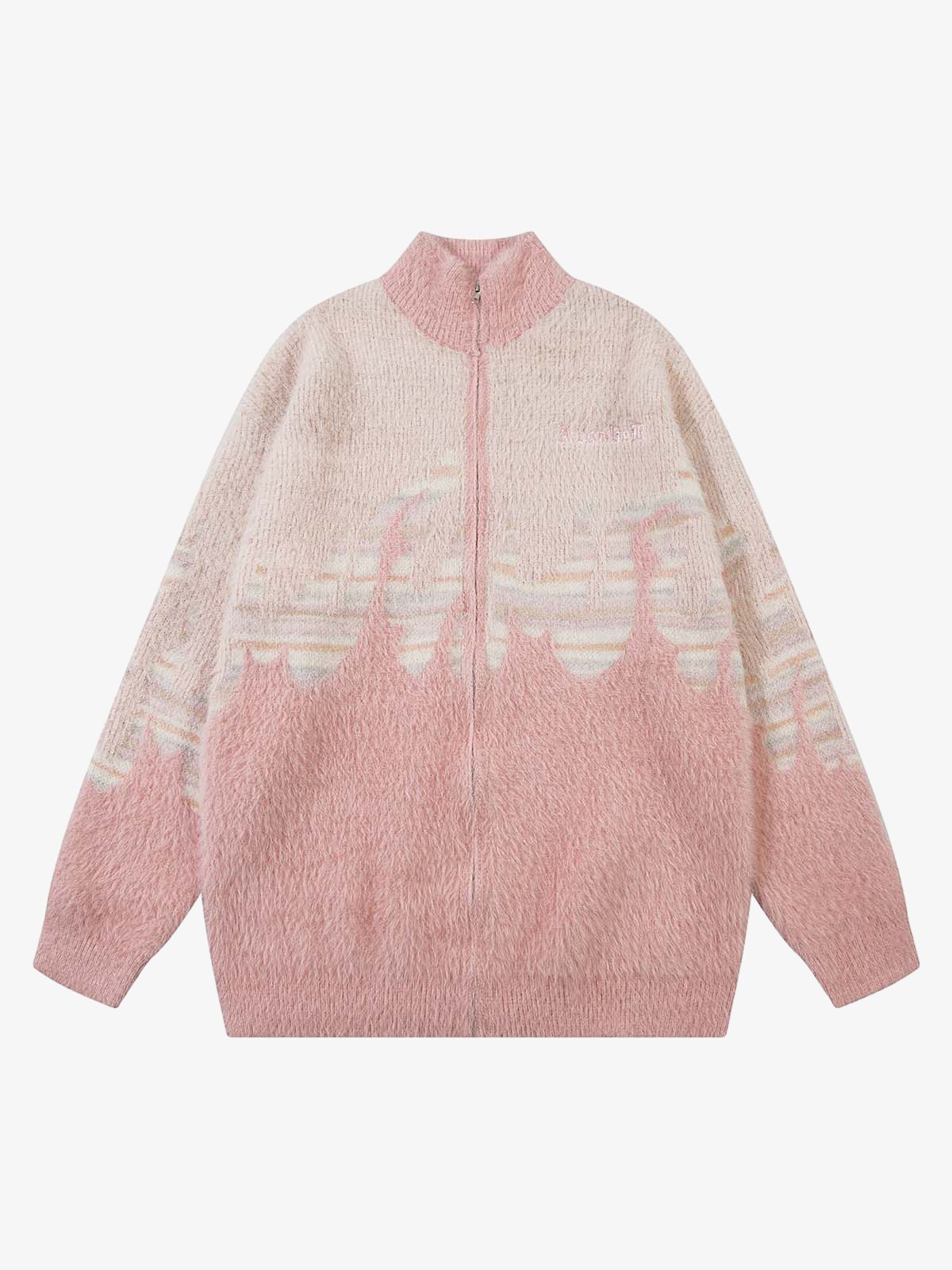 Thesupermade Flame Embroidery Fuzzy Zipper Sweater