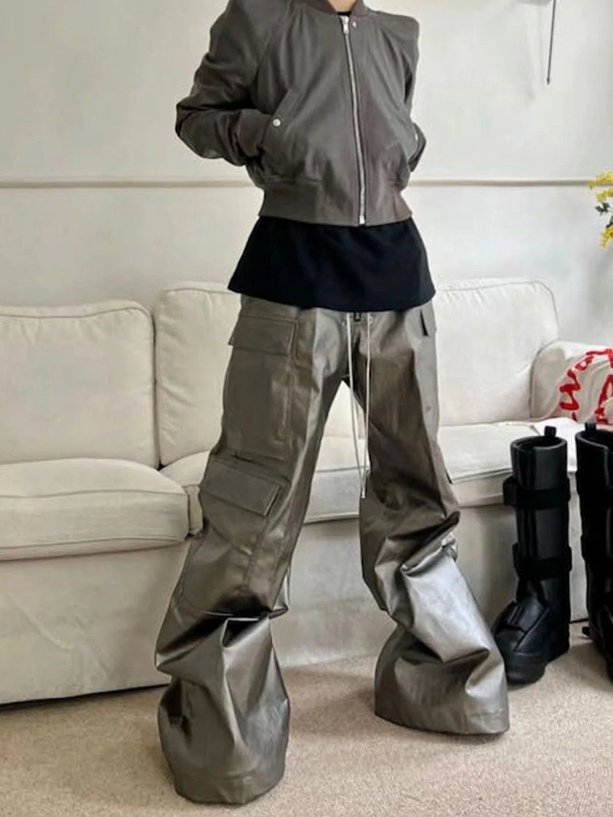 RO Style Matte Coated Leather Baggy Trousers - 2339 - Image 4