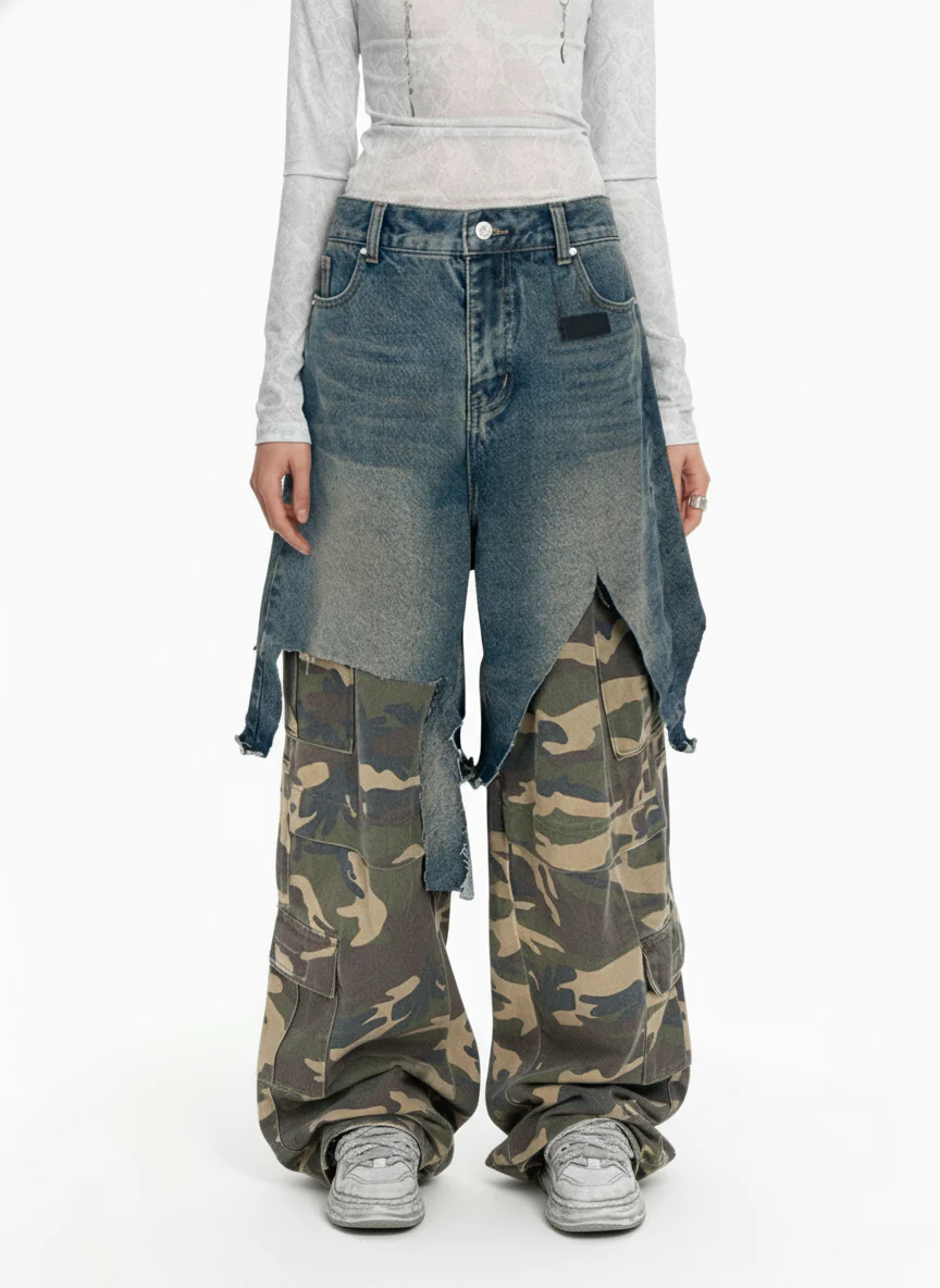 Retro Stitching Faux Two-Piece Camouflage Jeans - 2413 - Image 3