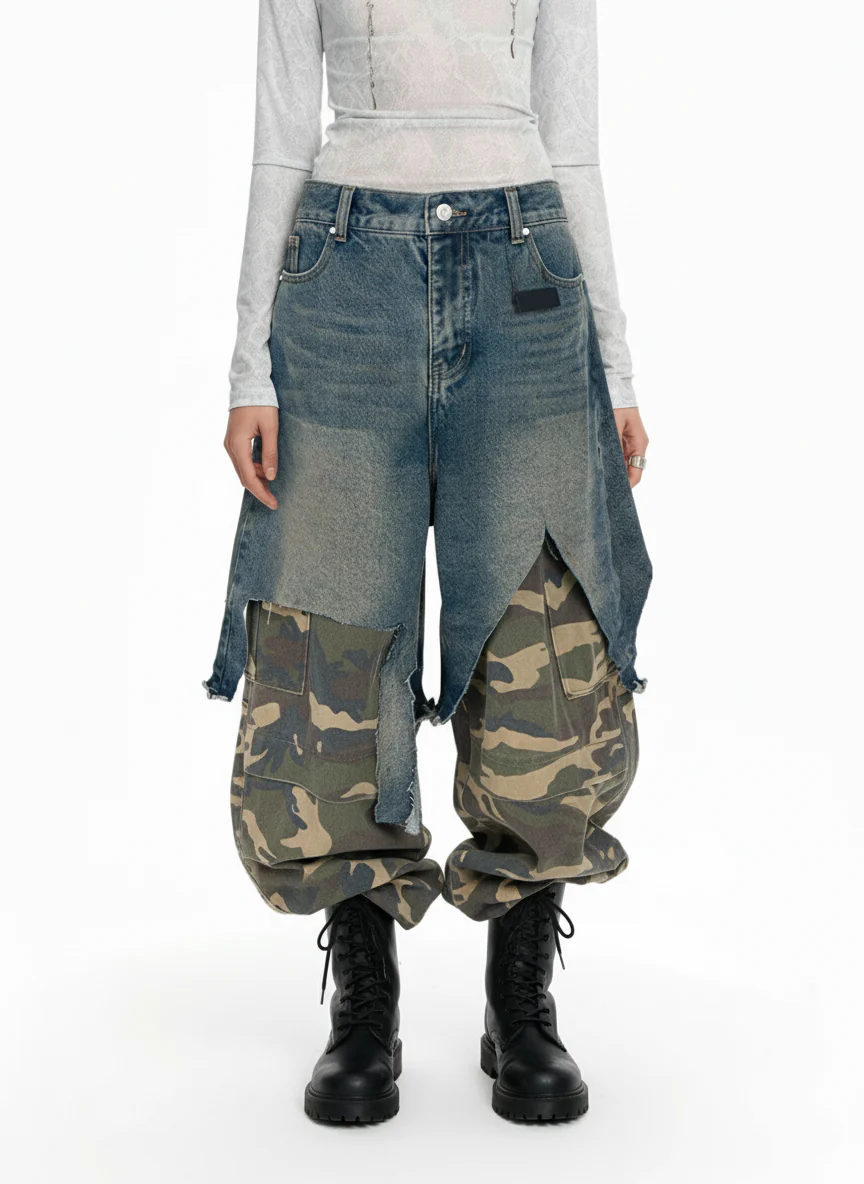 Retro Stitching Faux Two-Piece Camouflage Jeans - 2413 - Image 4
