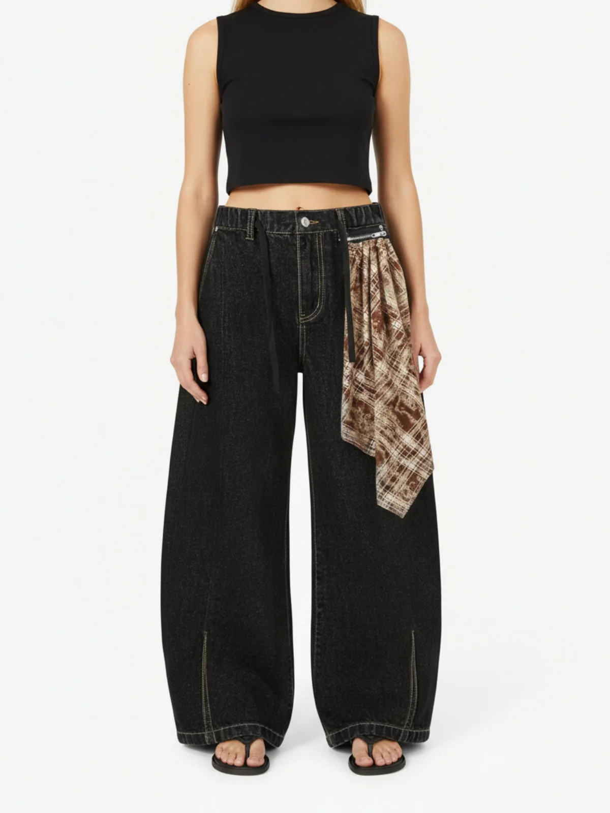 Patchwork Plaid Pleated Baggy Barrel Jeans - 2334