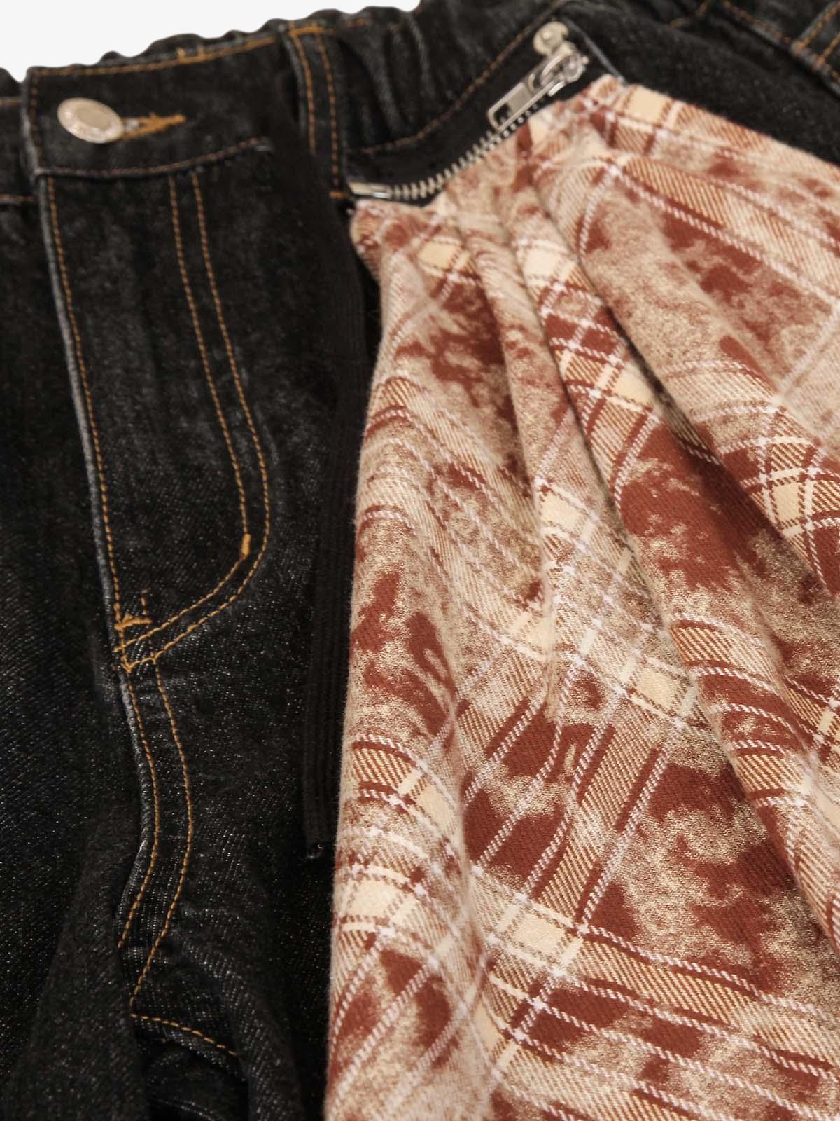Patchwork Plaid Pleated Baggy Barrel Jeans - 2334 - Image 10