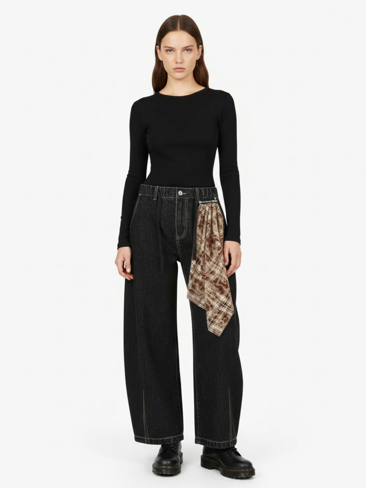 Patchwork Plaid Pleated Baggy Barrel Jeans - 2334 - Image 3