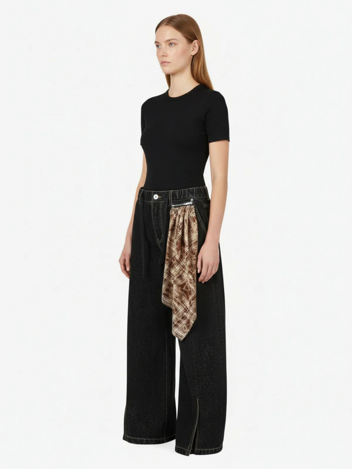 Patchwork Plaid Pleated Baggy Barrel Jeans - 2334 - Image 5